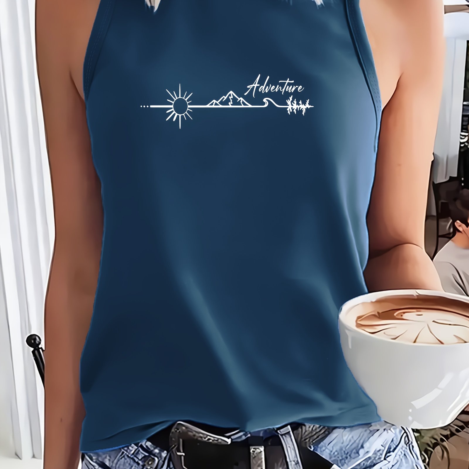 TEMU Women's Y2k Sleeveless Tank Top - Light Grey With Adventure Mountain Graphic, Stretchy Fabric For Gym, Travel, Casual Attire - Non-transparent