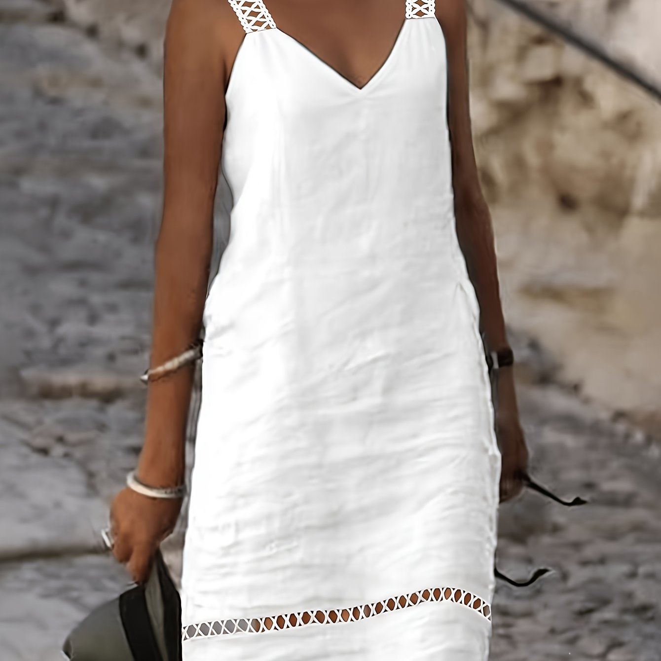 TEMU Women's Loose Solid Color Hollow-out Lace Camisole Dress