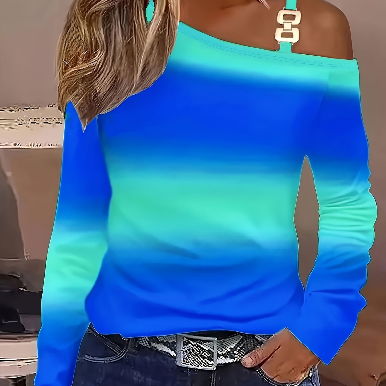 Image of 2024 Women's Casual Long Sleeve V-neck Color-changing Print Zipper T-shirt