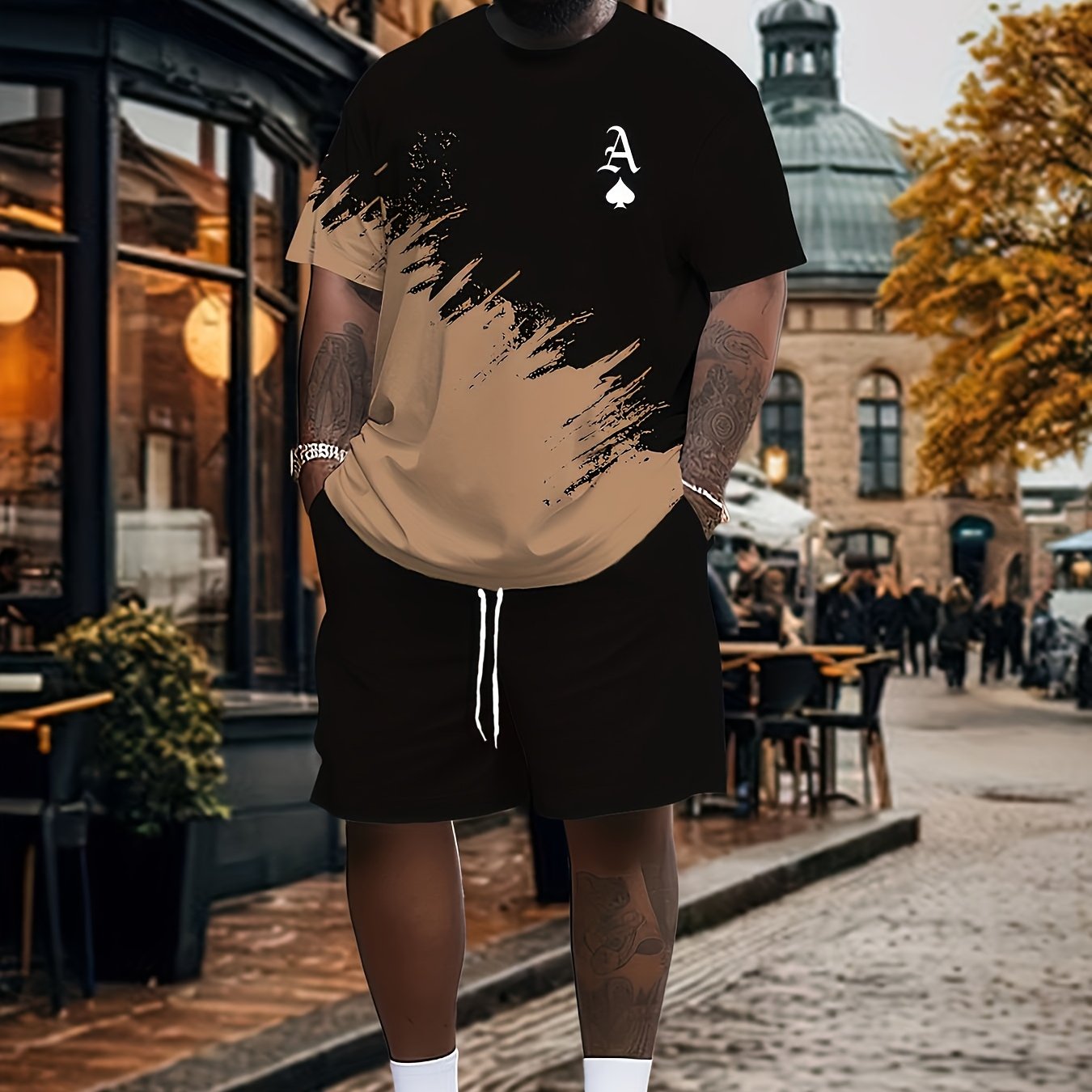 TEMU Large Size Men's Casual Sports Suit | Breathable Outdoor T-shirt And Shorts Set With 3d Printing, Crew Neck, Regular Fit, Stretch Fabric,