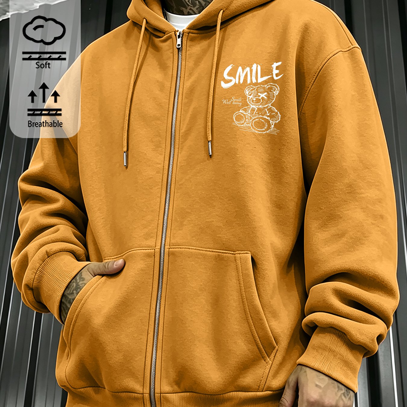 Image of Men's Fall Zip-up Pocket Hooded Sweatshirt With Smile Bear Print, Casual Cotton Lightweight Jacket, Loose Long-sleeve Outerwear, Local Warehouse Shipping