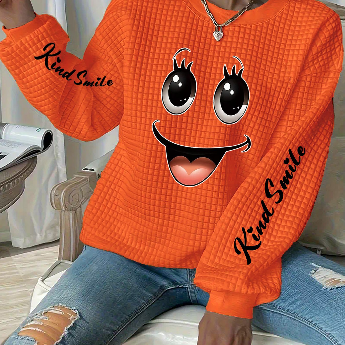 TEMU Plus Size, Plus Size Women's Casual Waffle Printed Sweatshirt, New Women's Long Sleeve Drop Shoulder Loose Neck Waffle Sweatshirt, Oversized