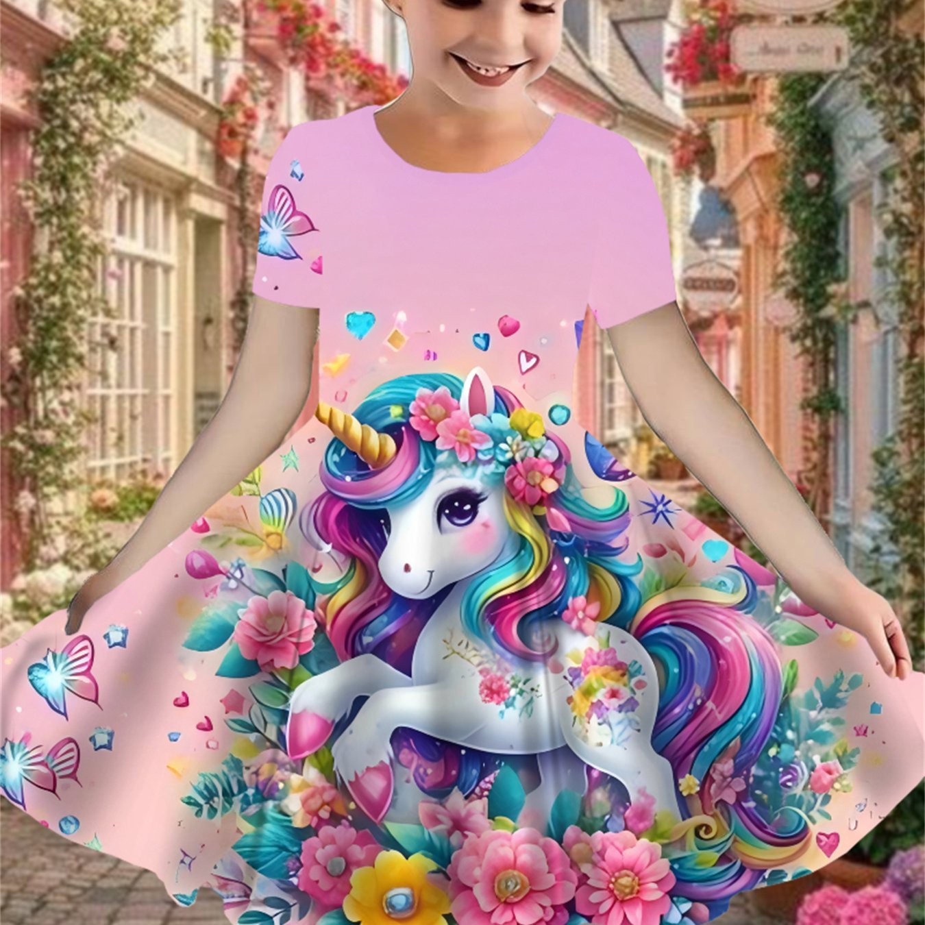 TEMU Spring Summer Girls' 3d Unicorn Pattern Pink Short Sleeve Dress, Elegant Princess Dress, Casual Party Outfit, Essential For Girls