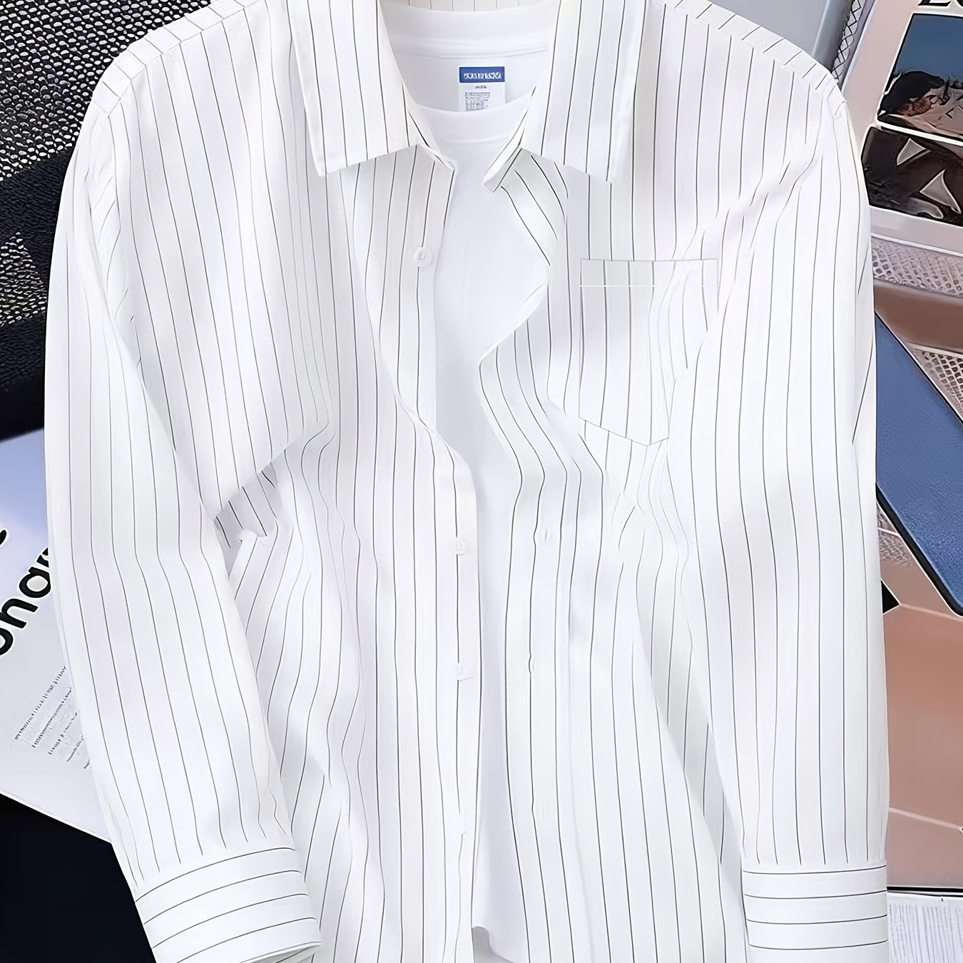 TEMU Spring/autumn Lightweight Trendy Men's Versatile Minimalist Striped Casual Long-sleeve Shirt, Simple Commuter Fashion Casual Outerwear Shirt