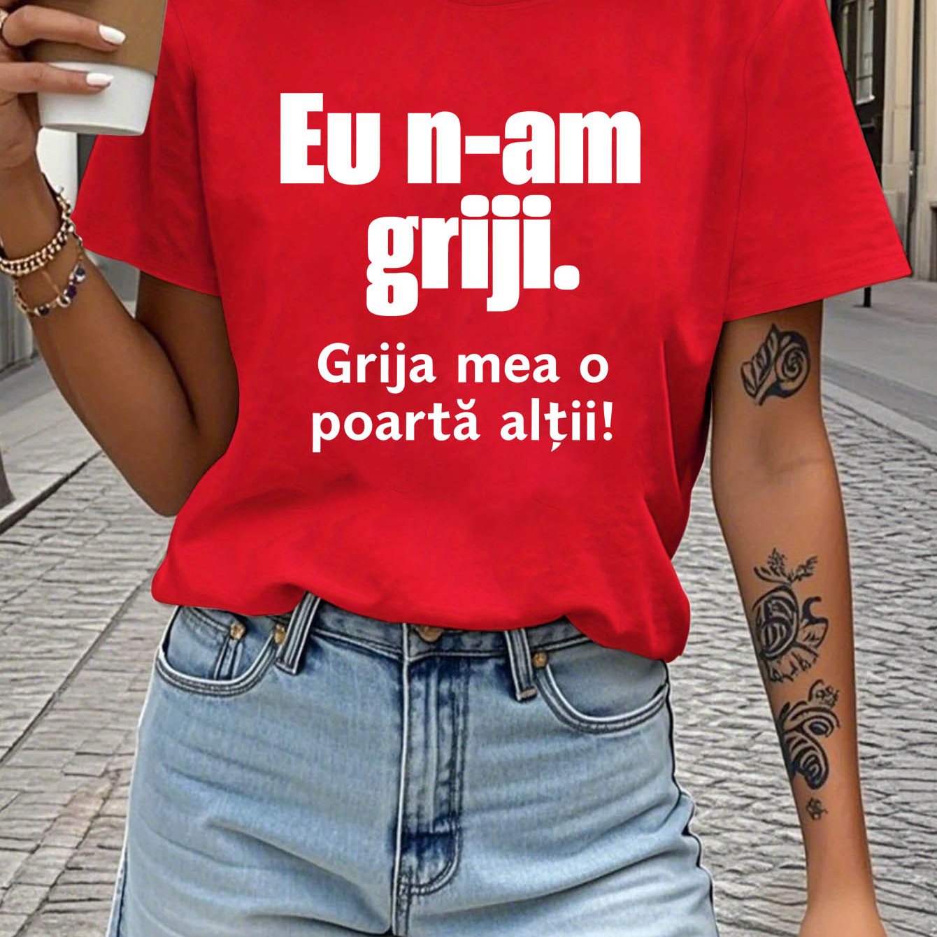 TEMU Romanian Attitude Theme Quote Letter Print T-shirt, Short Sleeve Crew Neck Casual Top For Summer & Spring, Women's Clothing