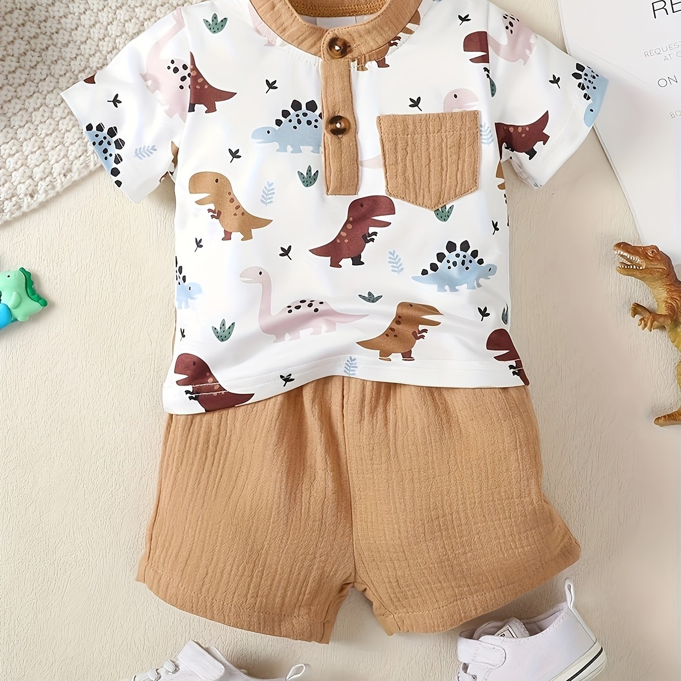 Baby Boy Casual Set, Summer Short Sleeve Dinosaur Print Top And Solid Shorts 2pcs Outfit, Regular Fit, For Outdoor