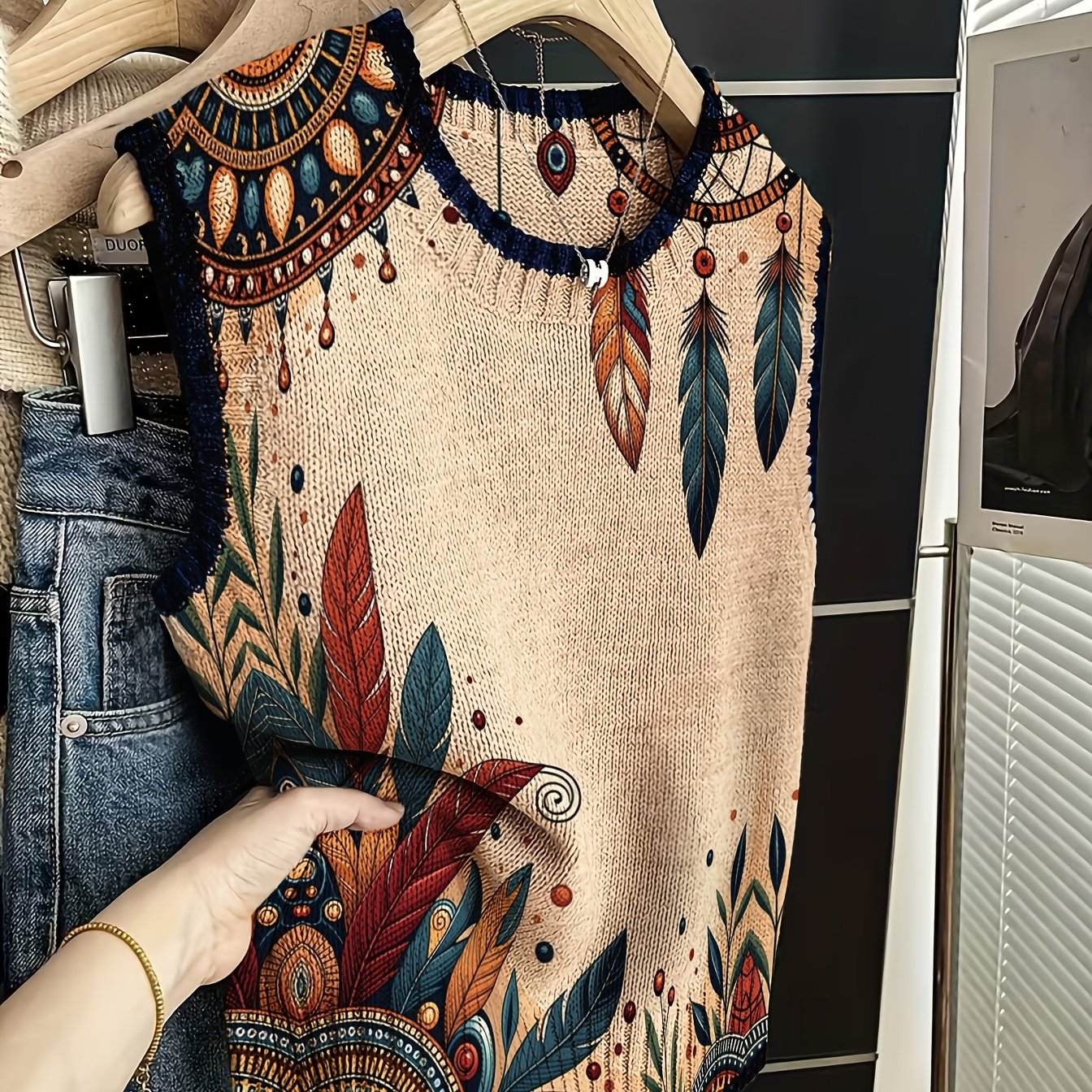 TEMU Gilet Léger à Bohèmes, Gilet à Col Rond avec Géométriques Ethniques, Cardigan à Bordure Contrastée, Haut Manches Imprimé Style Vacances, Gilet