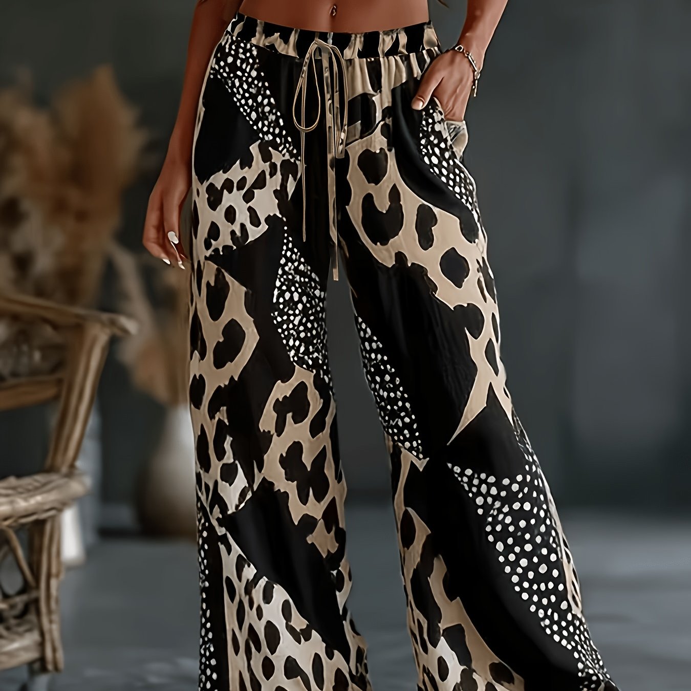 TEMU Retro Leopard Animal Print Wide-leg Pants Fabric Comfortable Visually Suitable For Vacation And Dates -