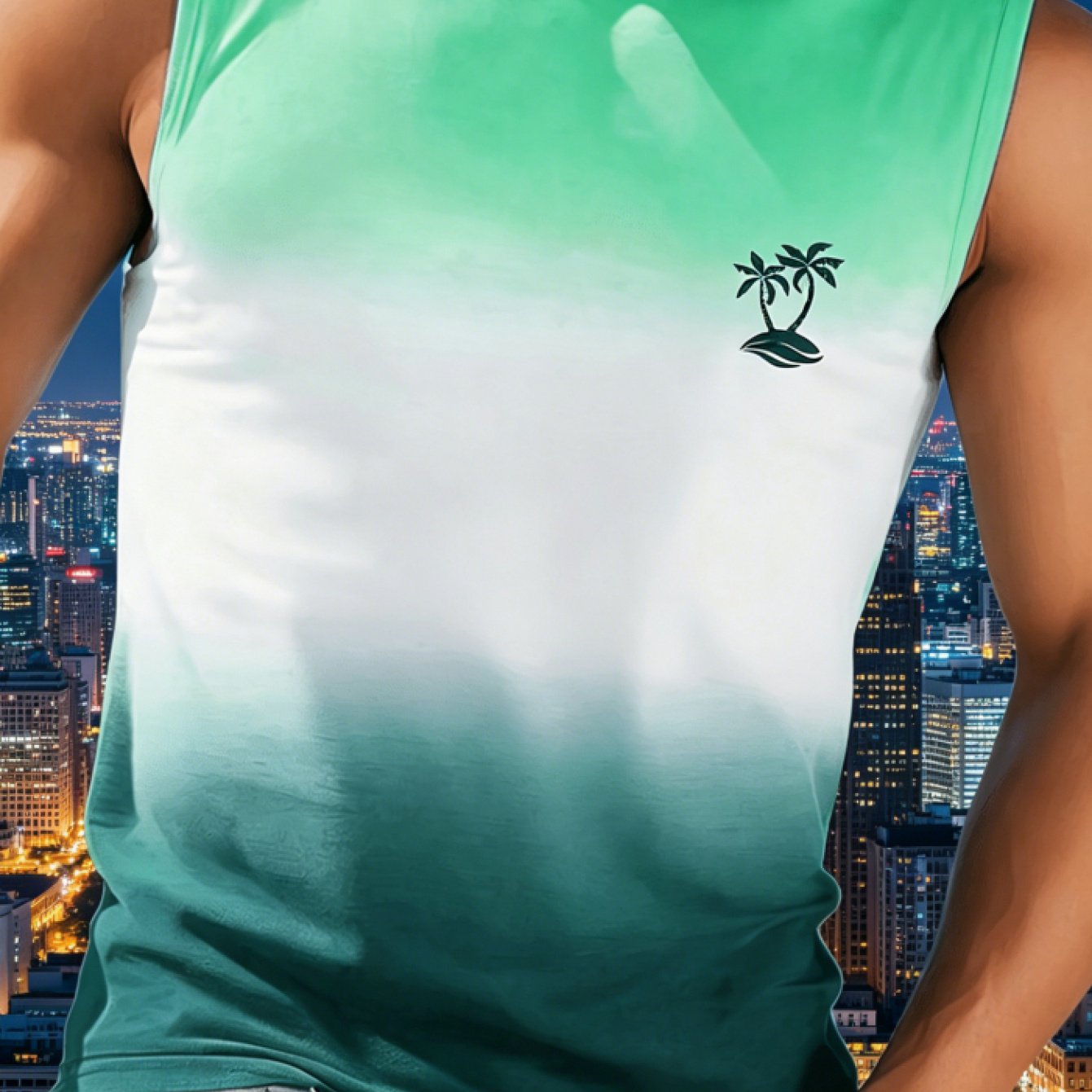 TEMU Men's Gradient Palm Tree Print Sleeveless T-shirt - Ombre Color Transition Vest Top With Coconut , Machine Washable Summer Beachwear For
