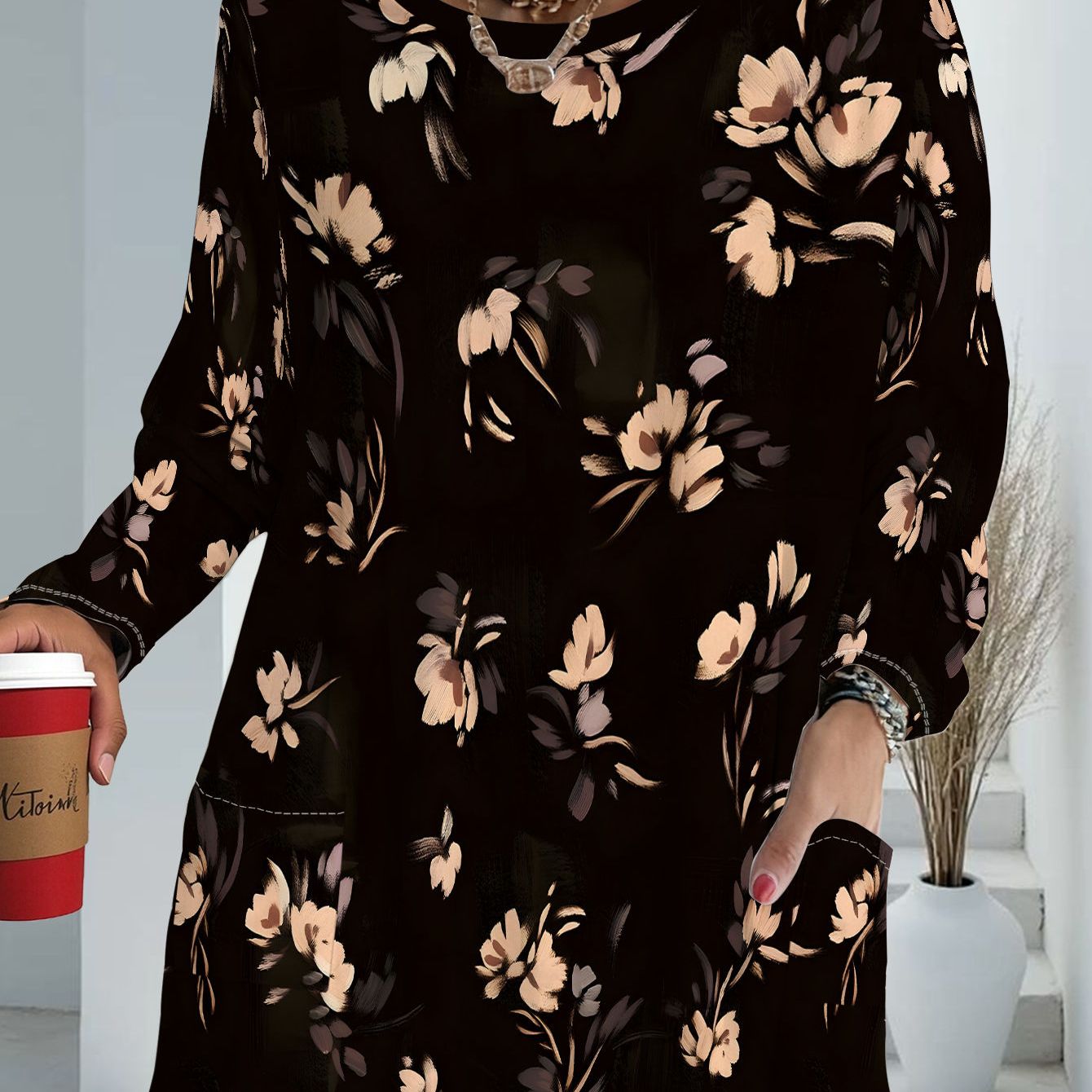 TEMU Women's Plus Size Black Floral Long Sleeve Top With Pockets Women's Spring And Autumn Loose Printed T-shirt Temperament Versatile Base Shirt