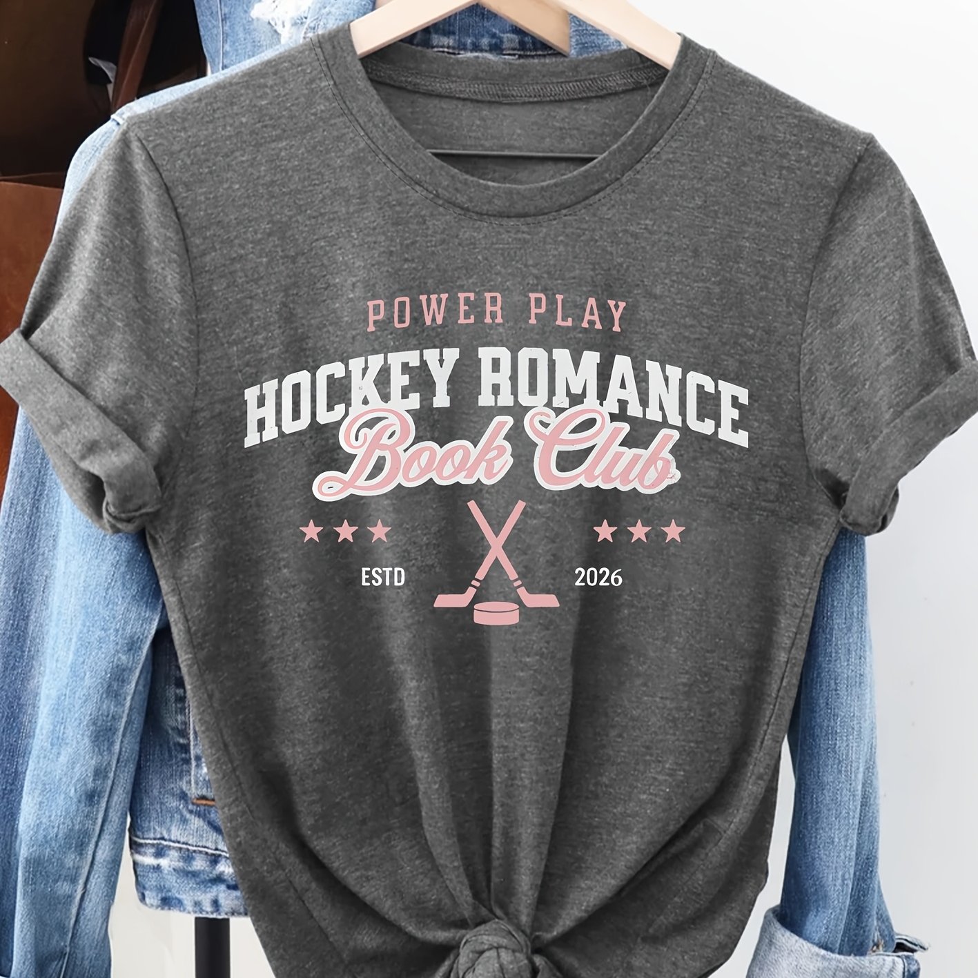 TEMU Women's Vintage Hockey-themed T-shirt - & Hockey Print Short Sleeve Crew Neck Top | Soft Stretchy Blouse-compatible Shirt Suitable For Casual,