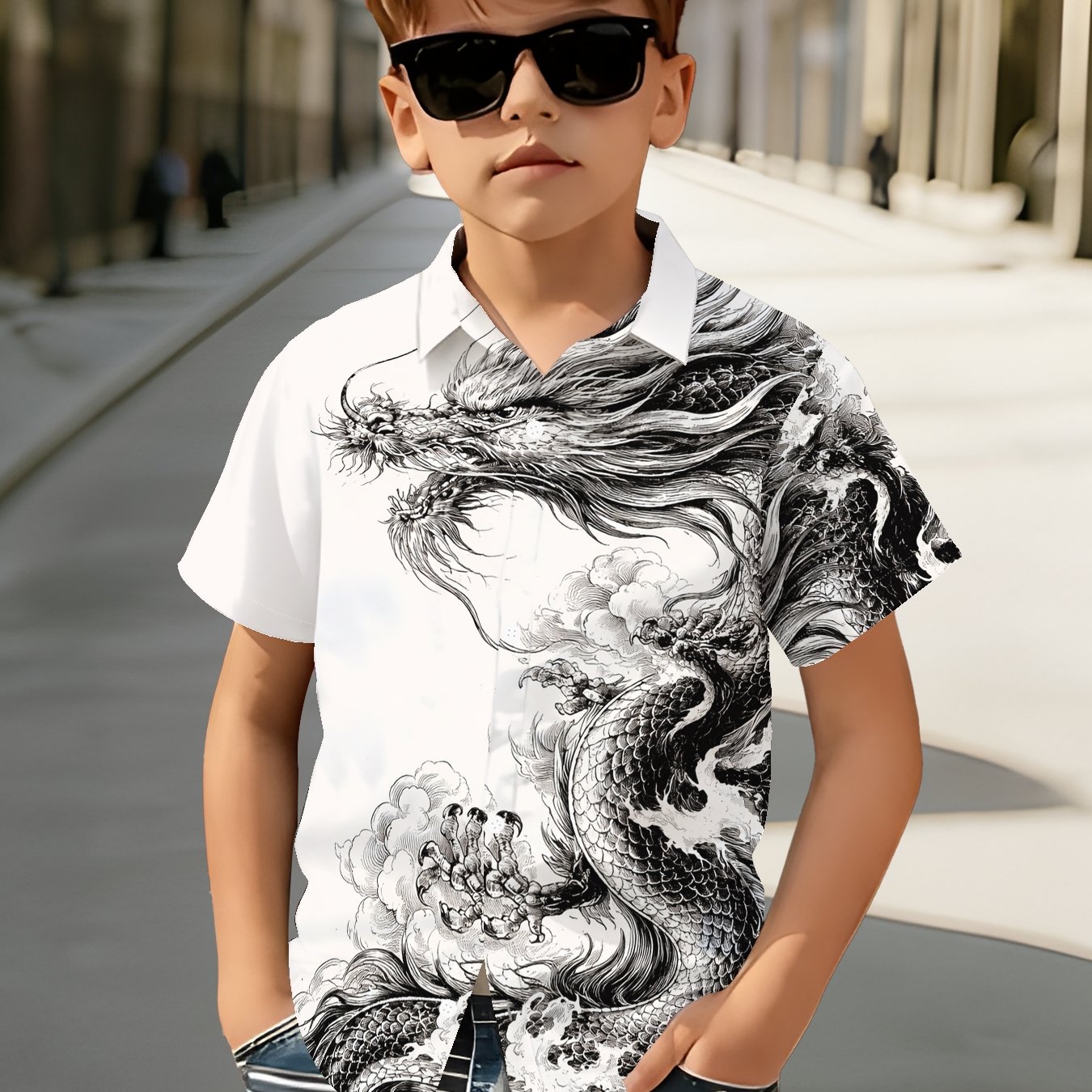 TEMU Boys' New Summer Short-sleeve Shirt, Fashionable And Trendy Casual Children's Top