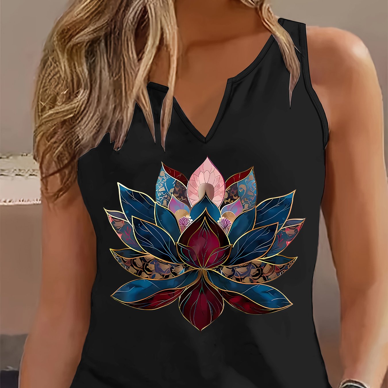 TEMU Women's Sleeveless V-neck Summer Blouse - For Lotus Flower Print Loose-fit Breathable Top, Medium-stretch Casual Vest For Layering, Machine