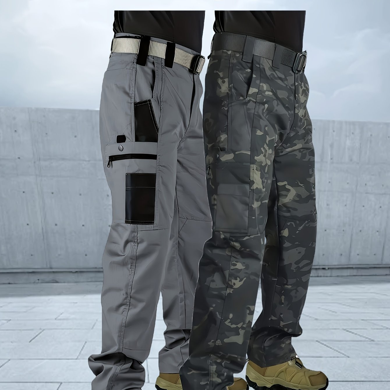2pcs Men&#39;s Tactical Cargo Pants with Multiple Pockets - Durable Polyester, Dark Gray &amp; Camo, Ideal for Hiking, Camping, Fishing, and Outdoor Work, Camping Essentials | Sporty Design | Versatile Pants, Camping Accessories