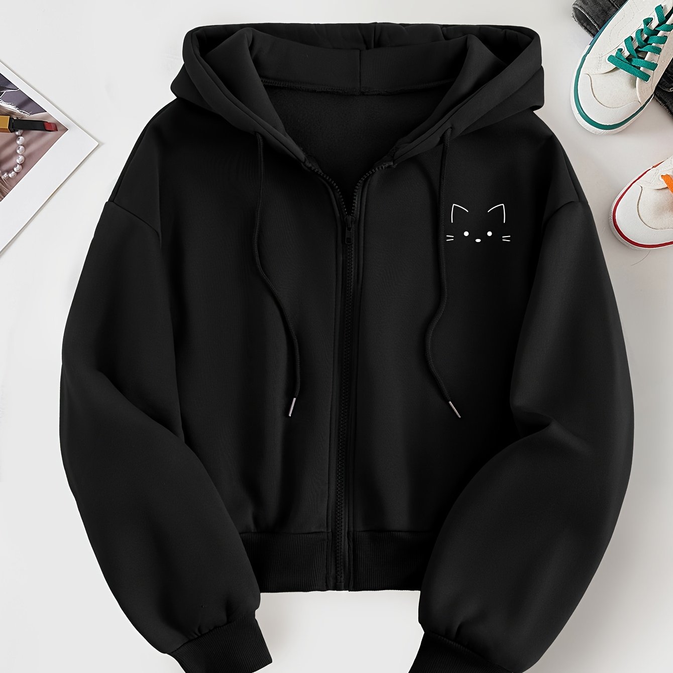 TEMU D139 - Un sweat à capuche court pour femme, tendance, imprimé de poitrine avec motif de chat facile et , sweat à capuche décontracté polyvalent