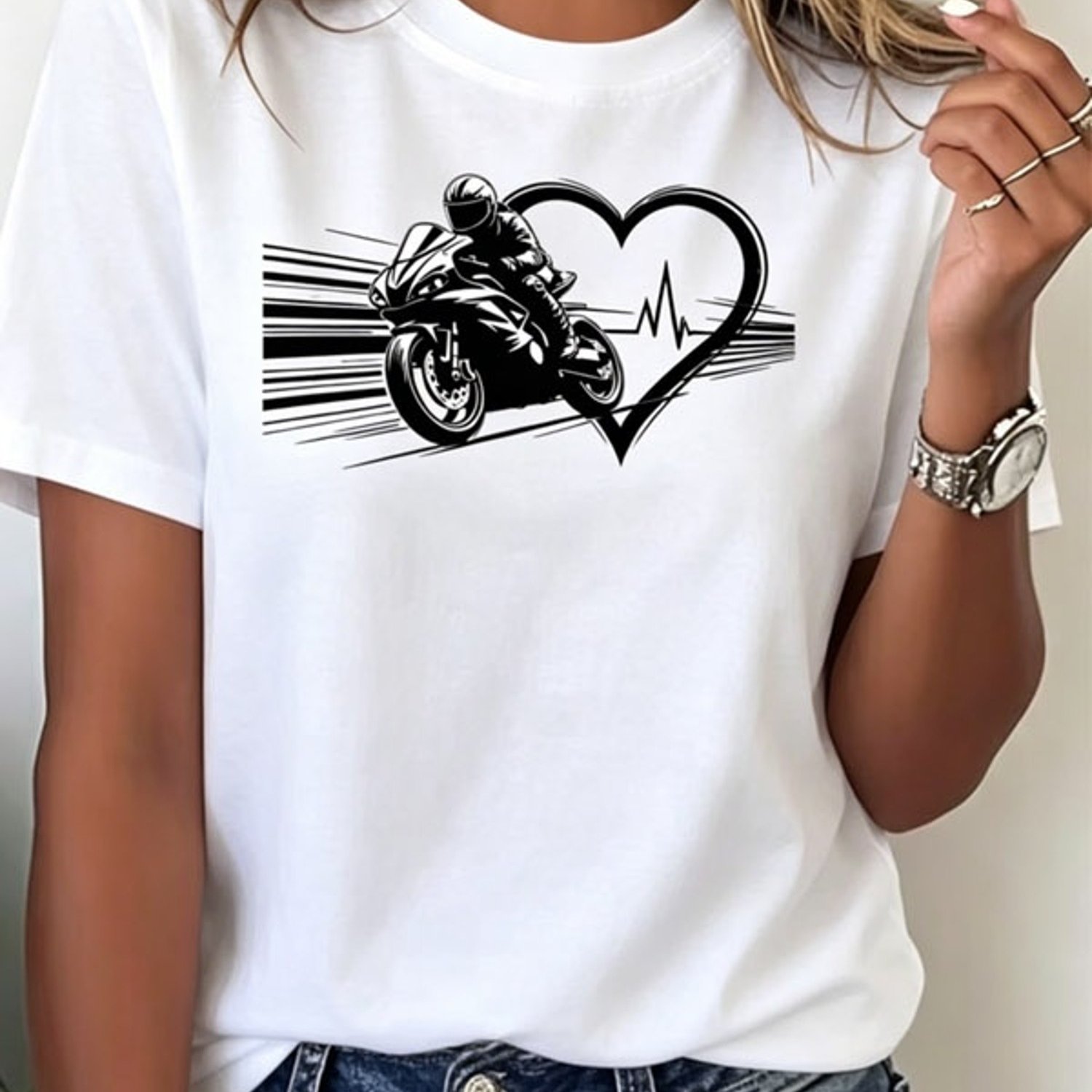 TEMU Women's Stylish Motorcycle Graphic Print White T-shirt, Soft Polyester Short Sleeve Casual Top, Featuring Biker, Heart & Ecg , Multiple