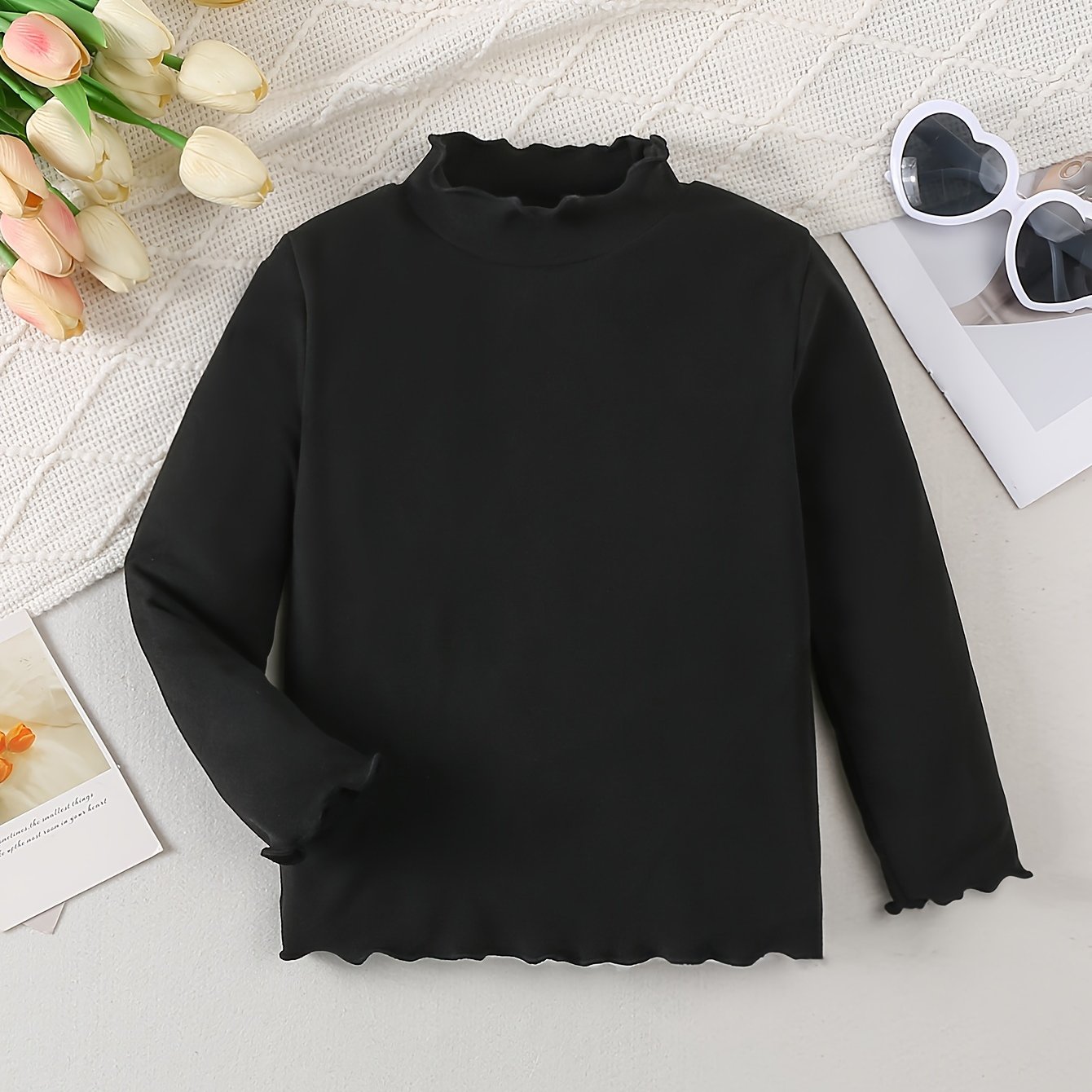Image of Girls' Fashion Autumn And Solid Color Cute Little Girl Fungus Lace Warm Top T-shirt