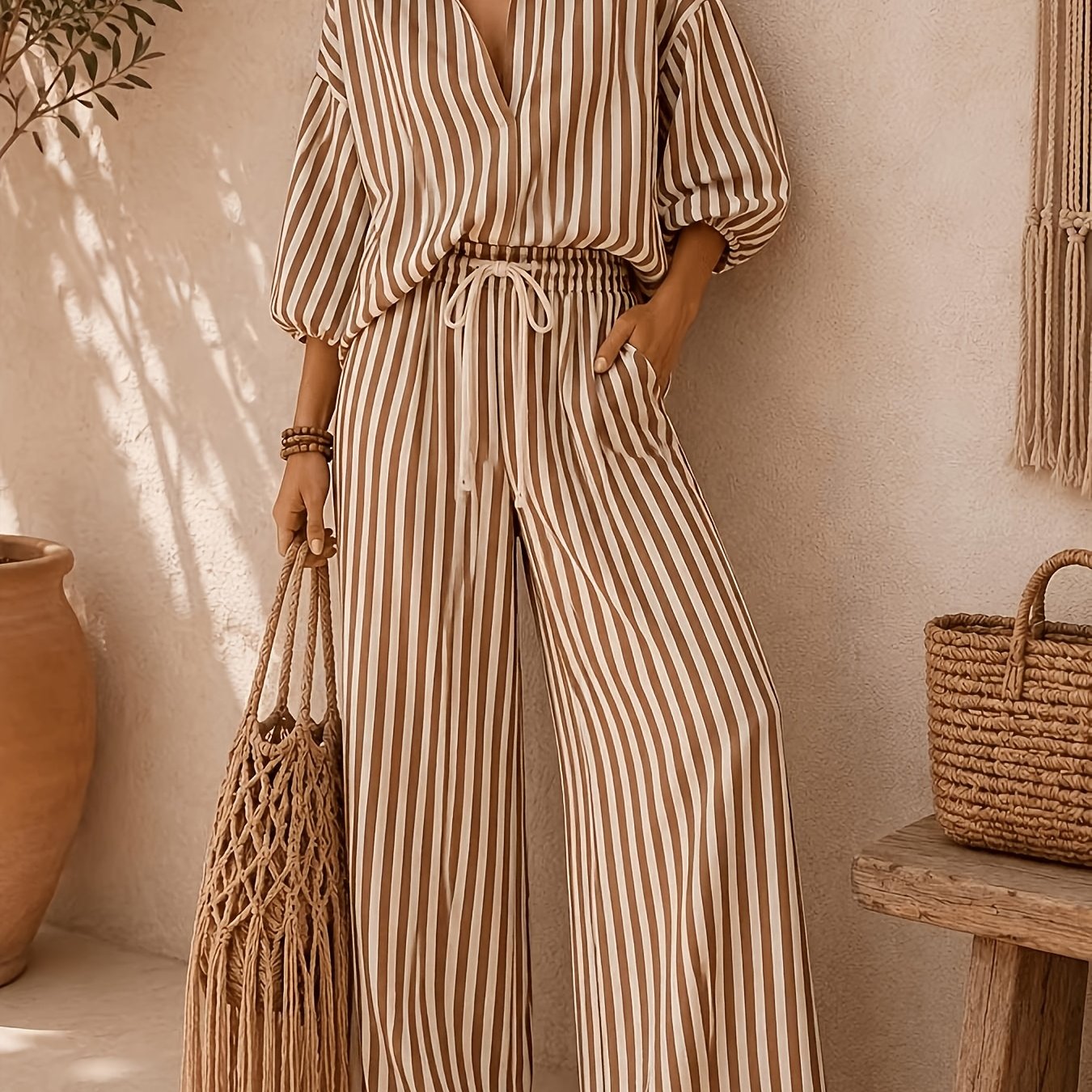 TEMU Women's Elegant Suit Striped Lapel Three-quarter Sleeve Shirt And Long Pants Set Fashion Vacation Two-piece
