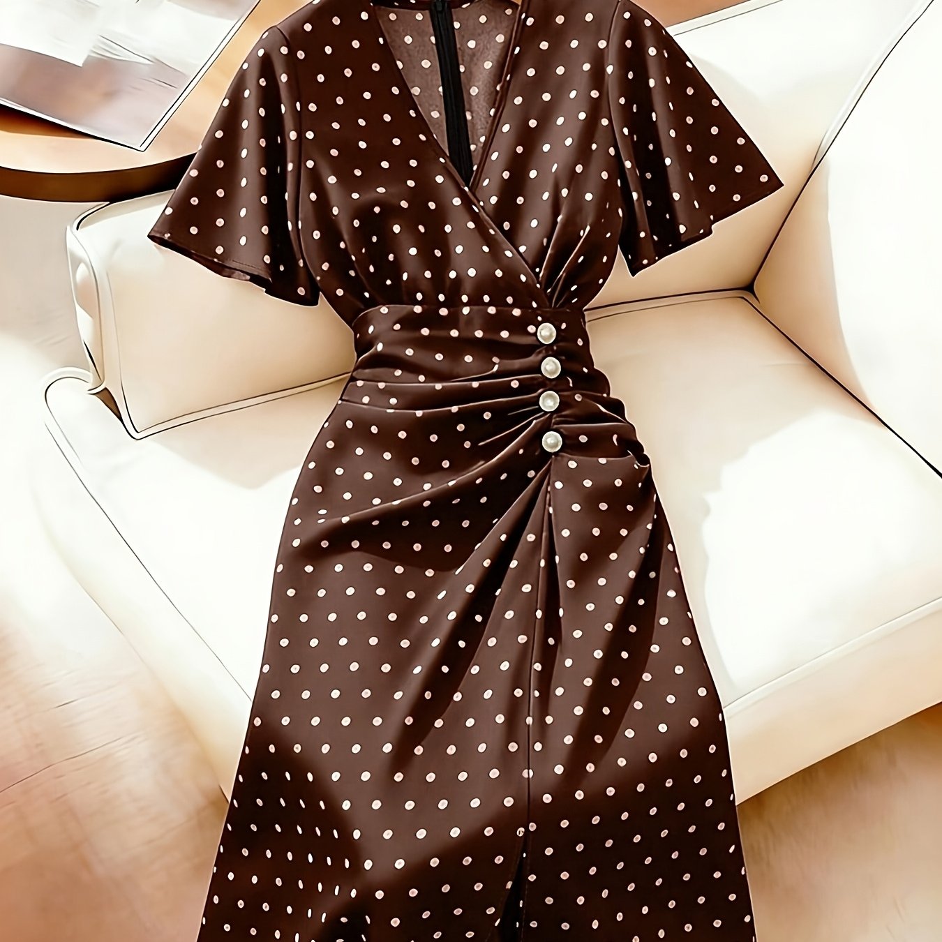 TEMU Plus Size Women's Polka Dot Dress, V-neck Waist-cinching Design, Elegant Midi Dress, Suitable For Parties And Casual Wear