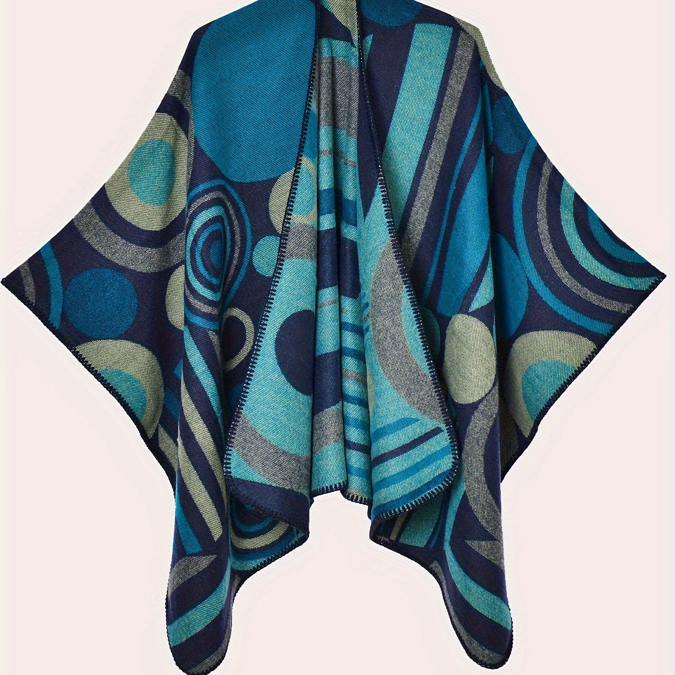 Plus Size - Plus Size - Autumn And Winter Women's Abstract Geometric Circle Pattern Jacquard Split Large Size Cardigan For Outdoor Shawl