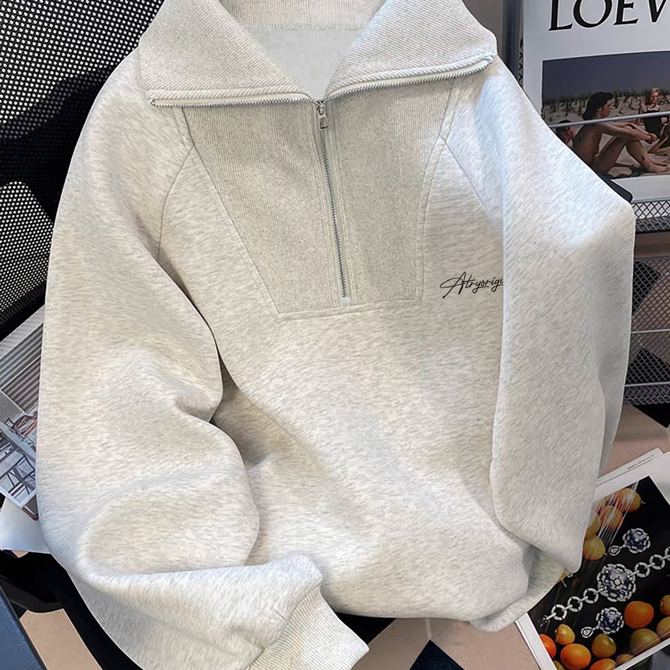E-shop Print Langarm Herbst- und Winter-Plus-Samt Reißverschluss Revers Damen Sweatshirt Trendiges lockeres Bf Lazy Style Vielseitiges