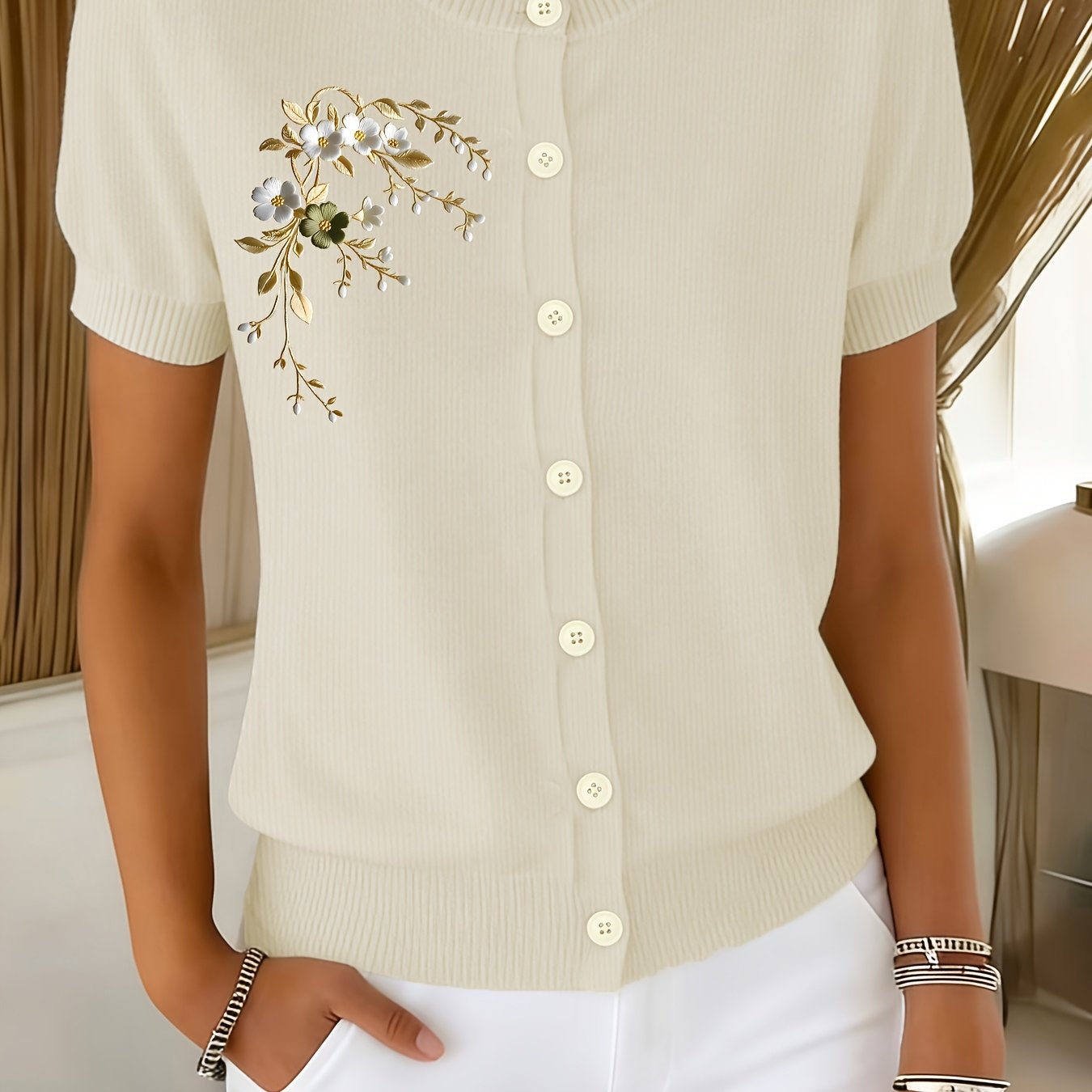 TEMU Nouveau cardigan à manches courtes pour femmes, avec un joli imprimé, idéal pour , l'été et , à en simple ou , avec un design à boutons,