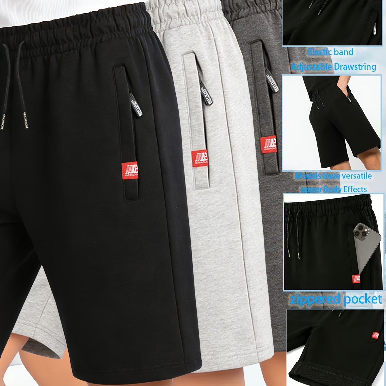 TEMU 3 pièces Shorts Décontractés Homme pour Extérieur - Design à Poches Zippées pour l'Été, Design Simple à Multiples Poches pour un , Idéal pour ,
