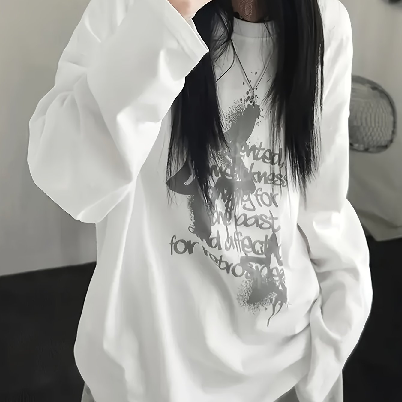 TEMU Casual Versatile Printed Mid-length Round Neck Long Sleeve T-shirt Women's Loose Top