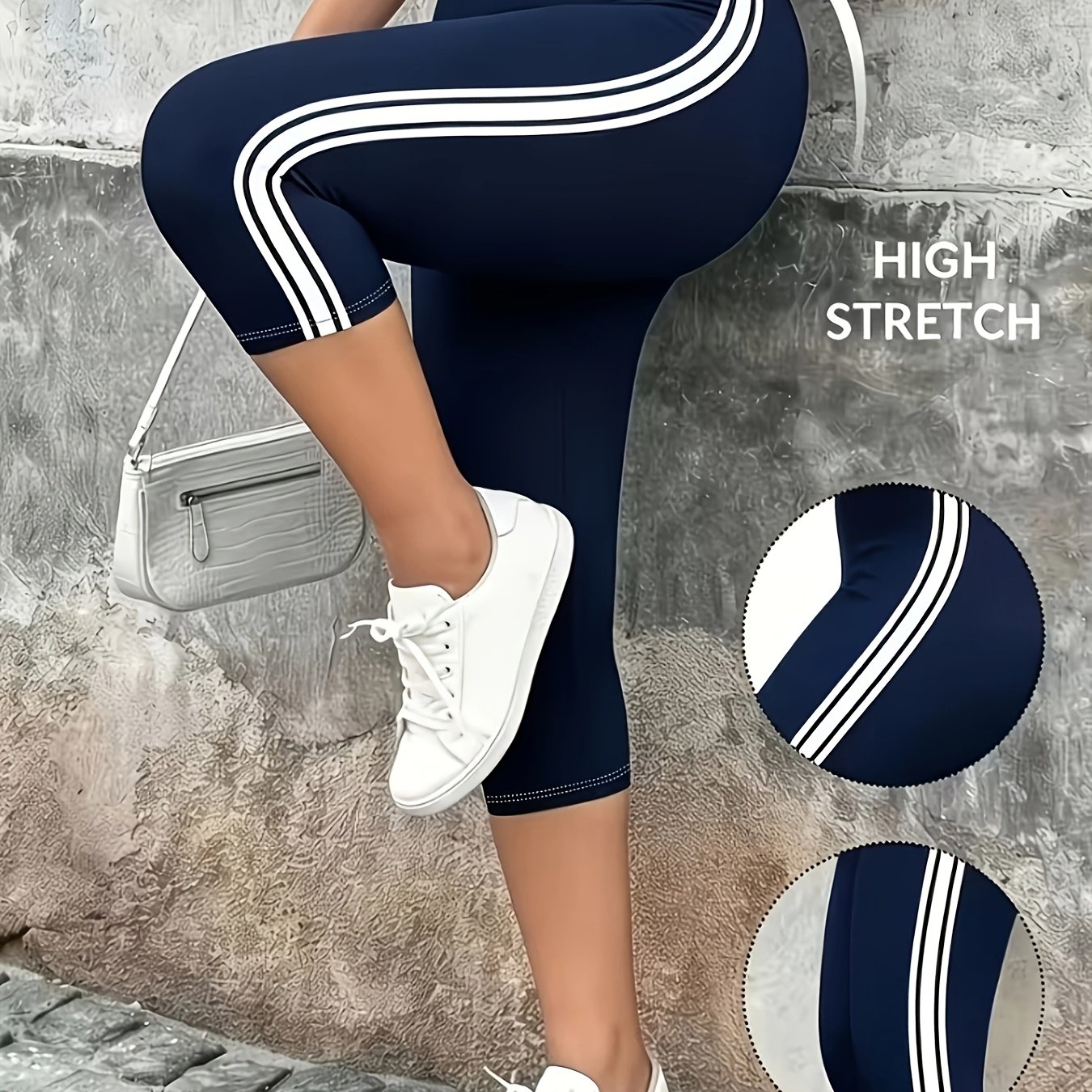 TEMU Women's Casual Striped Print Capri Pants, Outdoor S Jogging Comfortable Stretchy Tights, Yoga Versatile Everyday Base Layer Long Pants