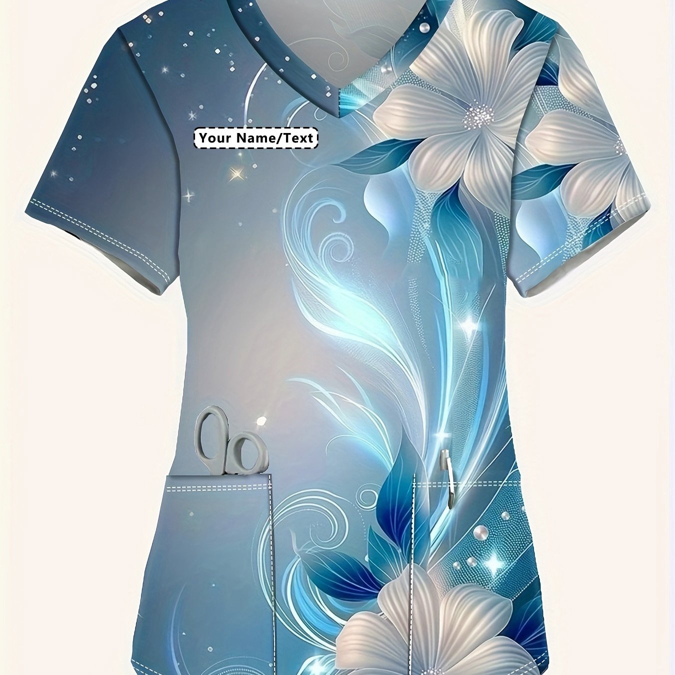 TEMU Plus-size Customizable Women's Fashion Short-sleeve V-neck Top, Starry Sky Abstract Floral Print, Casual And Comfortable Nurse Uniform With