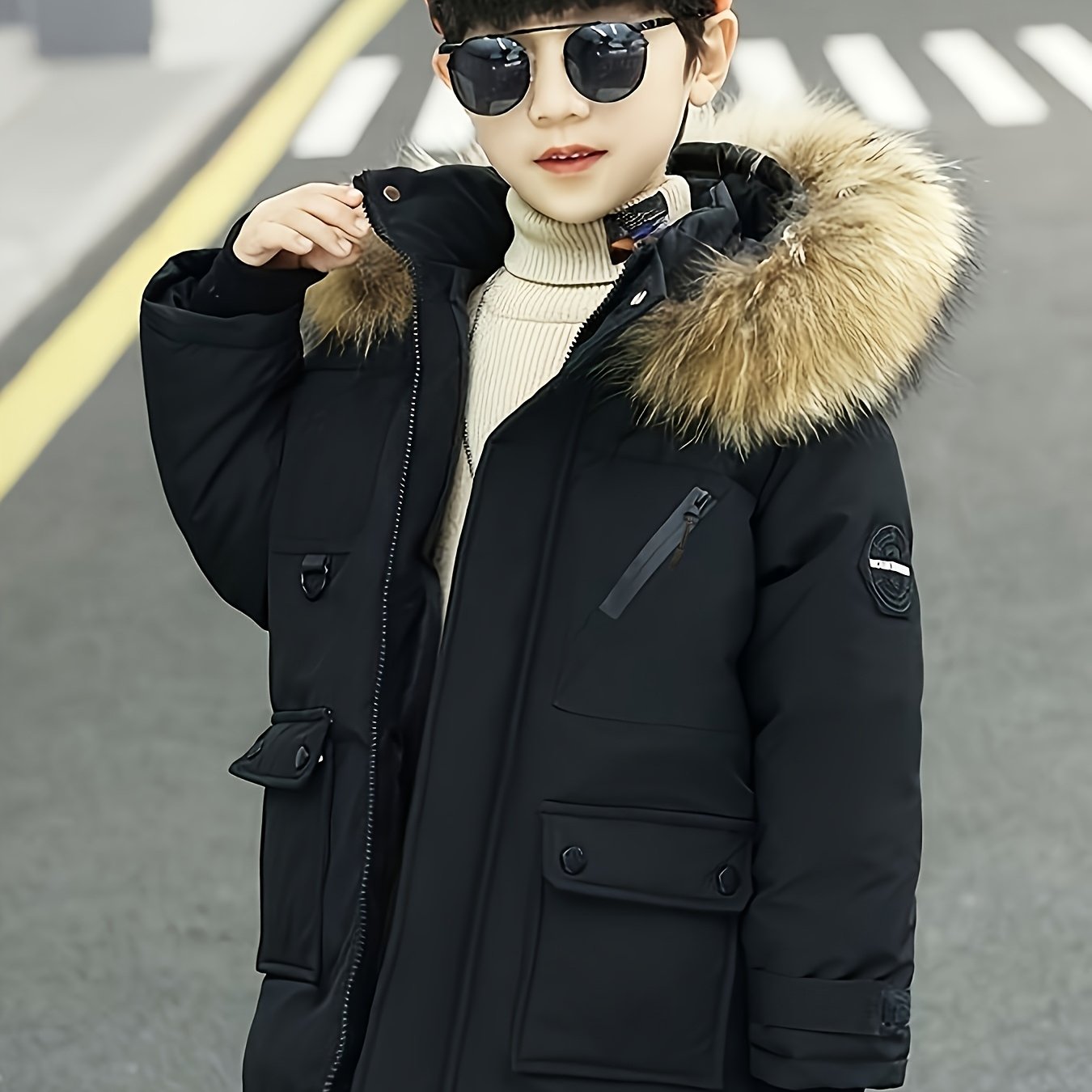Boys' Fashionable Warm Jacket, Style, Suitable For Cold Weather, Detachable Hood, Practical Pockets, Regular Fit Design, Versatile Autumn/winter Cold-proof And Warm Jacket