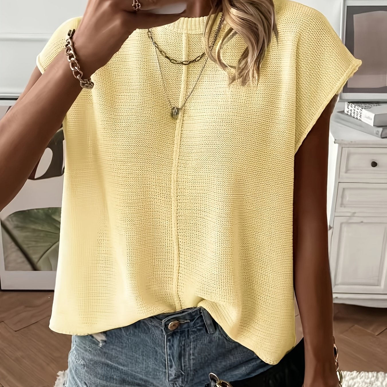 TEMU Women's Casual Solid-color Elegant Batwing Sleeve Sweater Vest, Summer