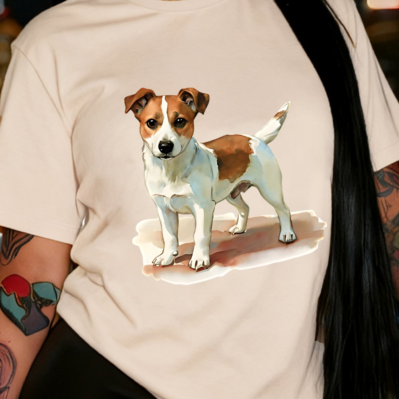 TEMU Terrier Standing Illustration Print, Minimalist Cute Dog Pattern Directional Print Sweatshirt Spring Summer Round Neck Casual Top Short Sleeve