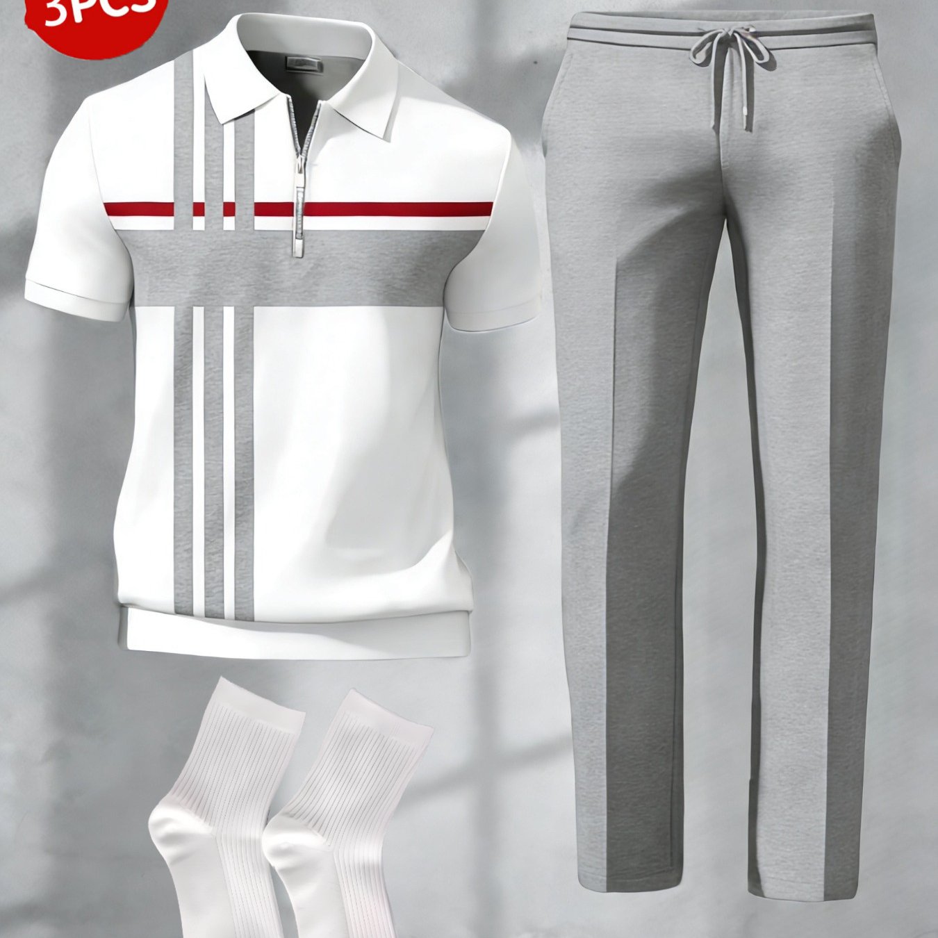 TEMU 3pcs Set- Men's Half Zipper Short Sleeve Pants Set And Socks, Contrast Stripe Cross Print, Suitable For Casual Office And Daily Wear, Mature