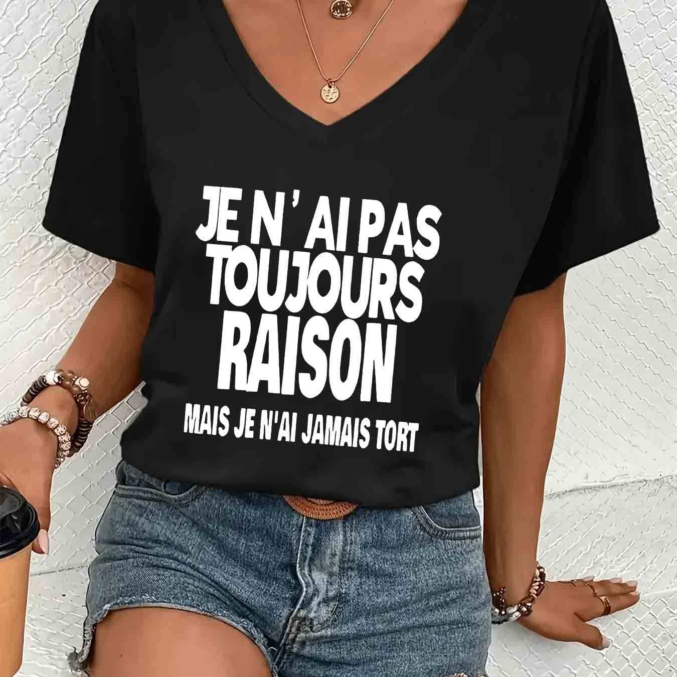 TEMU 1 pièce T-shirt Femme à Col en V Manches Courtes Style Décontracté Toutes Imprimé Simple et Ludique "Je Ne Connais Pas de Mon