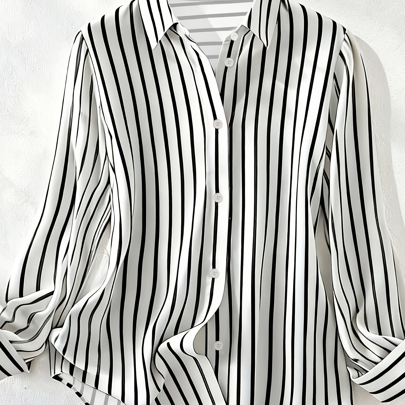 TEMU Elegant Striped Color- Lapel Shirt For Women, Featuring A Single-breasted Design And Long Sleeves, Perfect For Spring And Autumn Fashion
