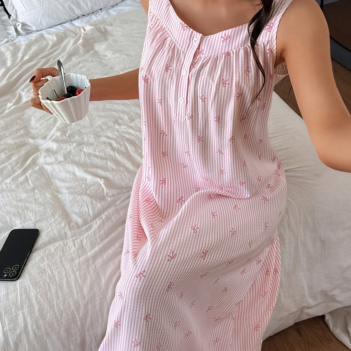 TEMU Women's Pink Striped Mini Bow Print Maxi Nightgown, Half Button Square Neck Sleeveless Cami Dress, Ruffle Hem Loose Fit Lightweight Breathable