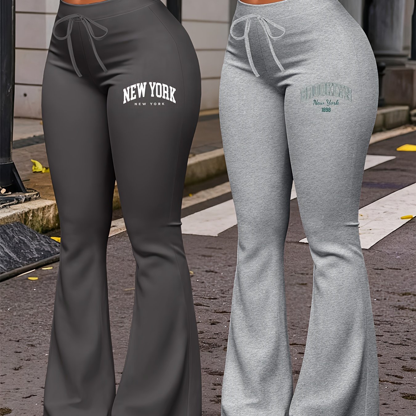 TEMU Ropa de mujer de otoño nueva de Europa y América, estampado de & BROOKLYN, ropa casual de diario, paquete de dos pantalones cómodos de ajuste