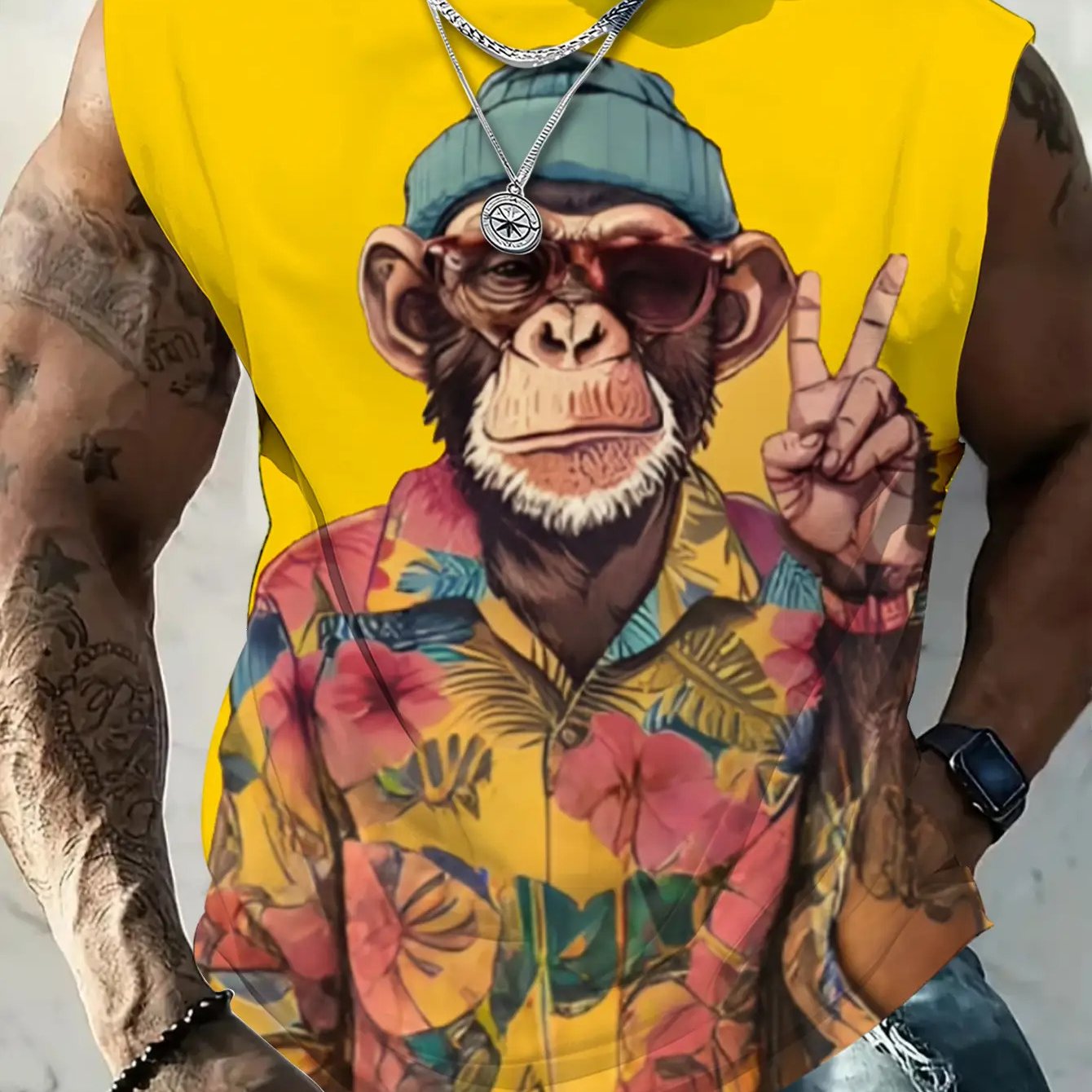 TEMU Men's Plus Size Casual Sleeveless Tank Top - Vibrant Yellow With Floral Print, Loose Fit Summer Street Style, Machine Washable, Plus Size
