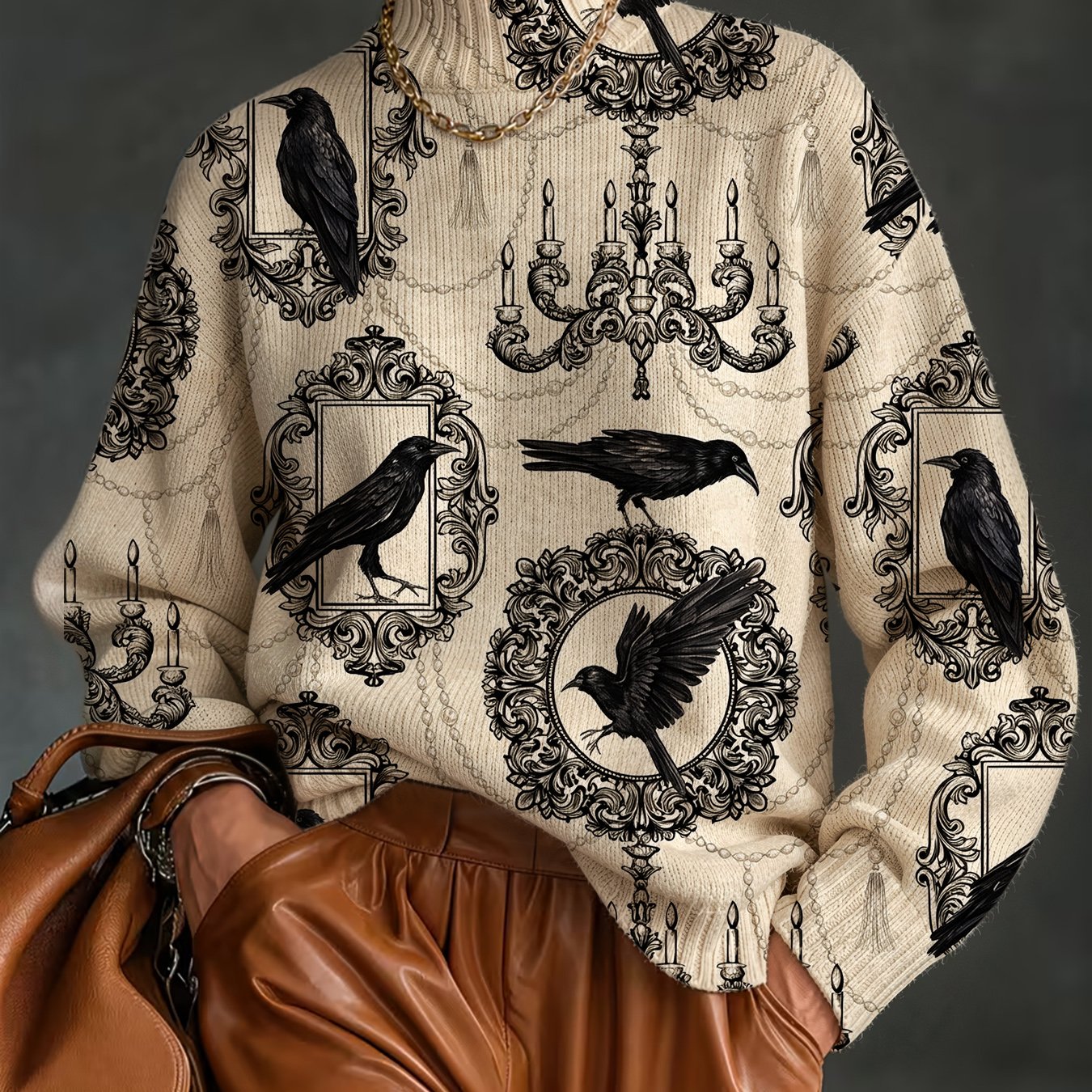 TEMU [2d Digital Printing] Trendy And Beautiful Women's Halloween Crow Print Sweater, Autumn/winter Chimney Neck Warm Long-sleeve Pullover, Elegant