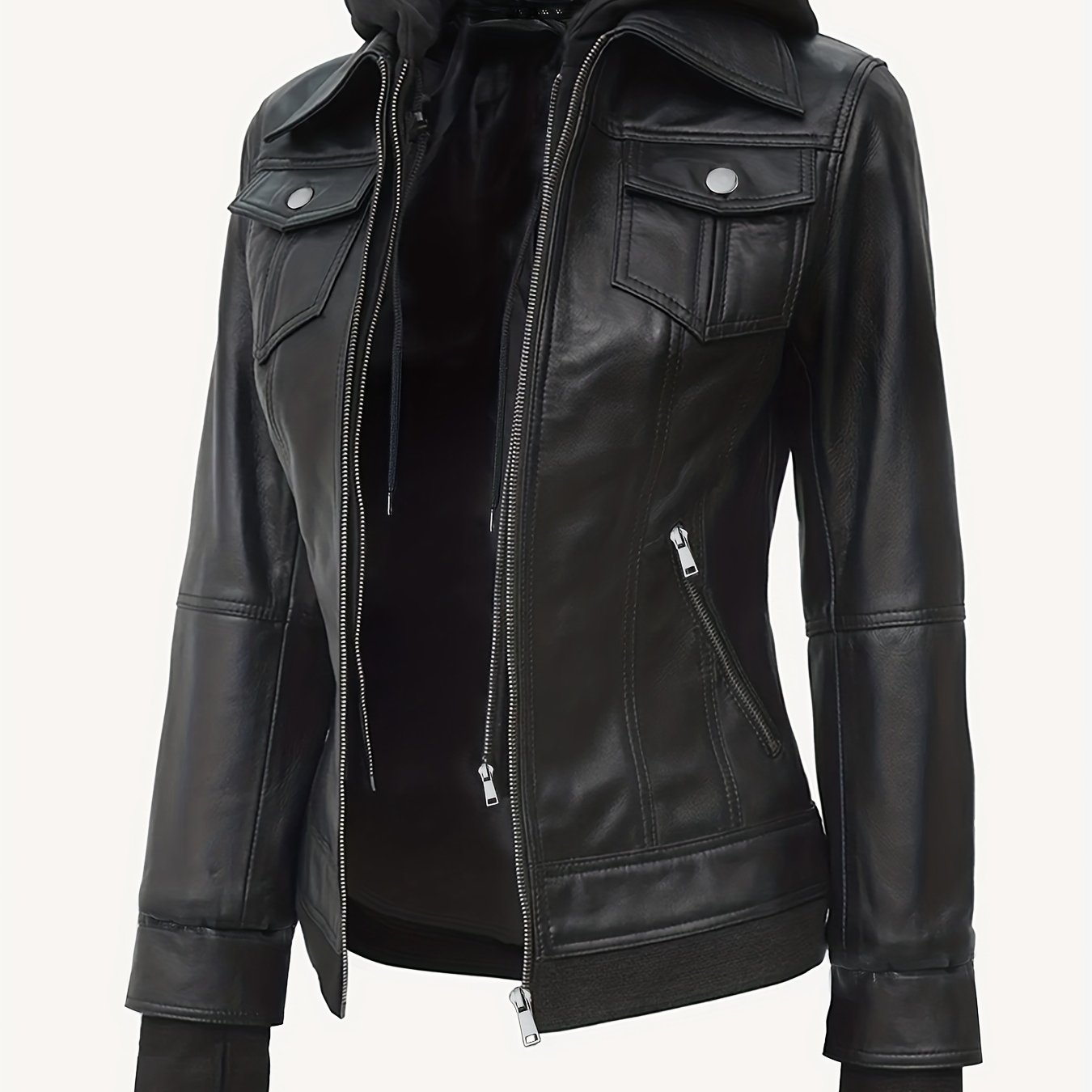 Women's Hooded Faux Leather Jacket Coat - Pupu Fashion Women's Outerwear, Removable Hood, Casual Travel Essential, Practical Zipper Pockets