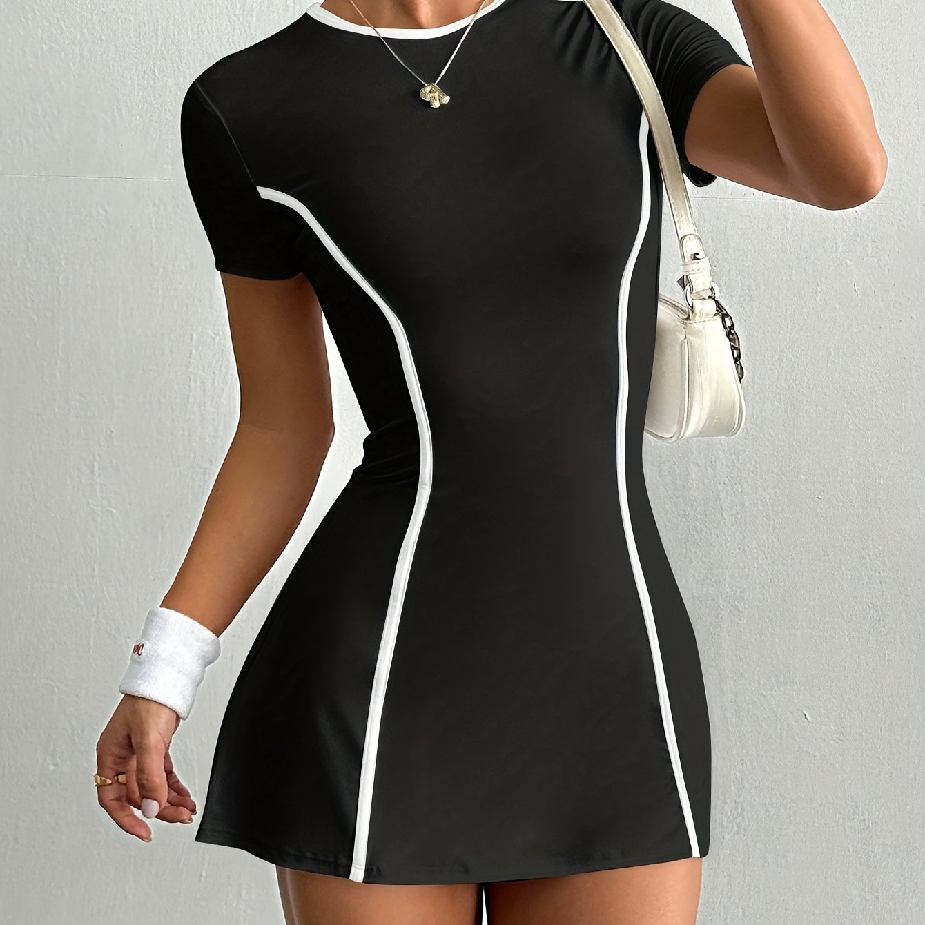 TEMU Women's Color-block Tennis Training Outdoor Sports Dress With Shorts And Phone Pocket, Suitable For Sports, Running, Yoga, Tennis, And Golf
