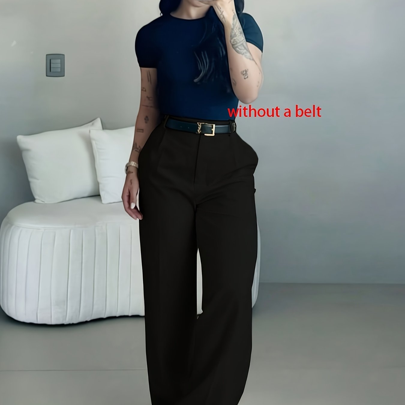 TEMU Zd260313001 Women's High-waist Wide-leg Pants, Casual And Elegant Office Trousers, Solid Color Loose Straight-leg Pants, Soft And Comfortable