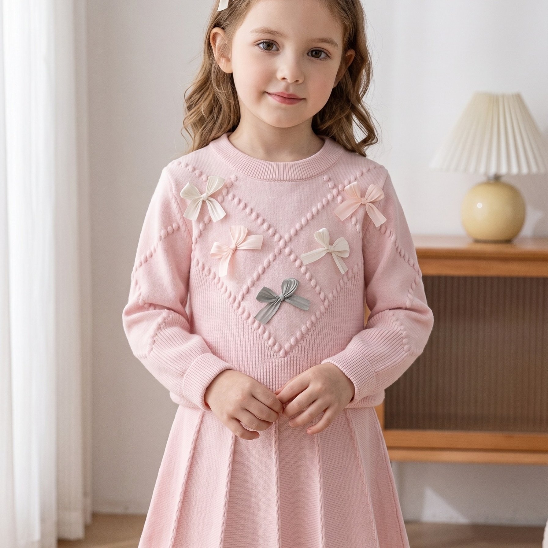 Image of Girls' Warm Clothing Set, 2-piece Knitted Sweater With Cute Bow And Pleated Skirt, Soft And Comfortable, Suitable For Winter, Autumn Essentials