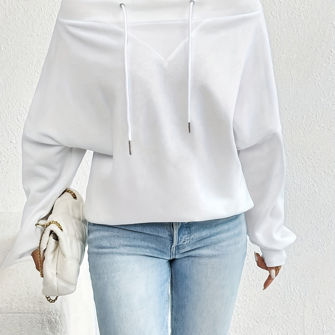 E-shop Neues Herbst/Winter Damen-Sweatshirt im lockeren Schnitt, modisches Pendler-Sweatshirt, einfarbiges, schulterfreies Top mit Kordelzug einzelnem