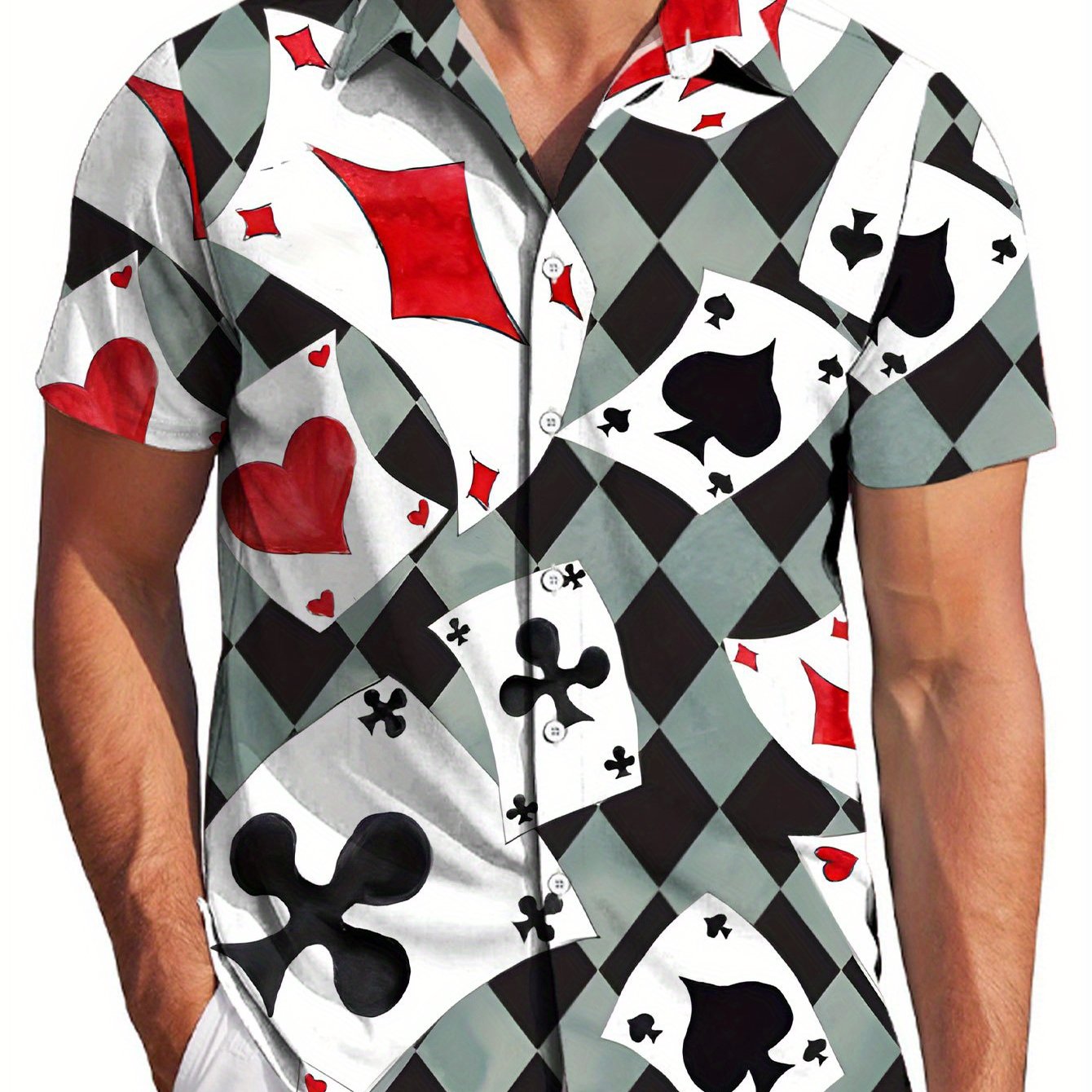 TEMU Men's Plus Size Oversized Short Sleeve Shirt With Playing Cards /hearts Print - Loose Fit Collar Summer Streetwear Blouse - Machine Washable