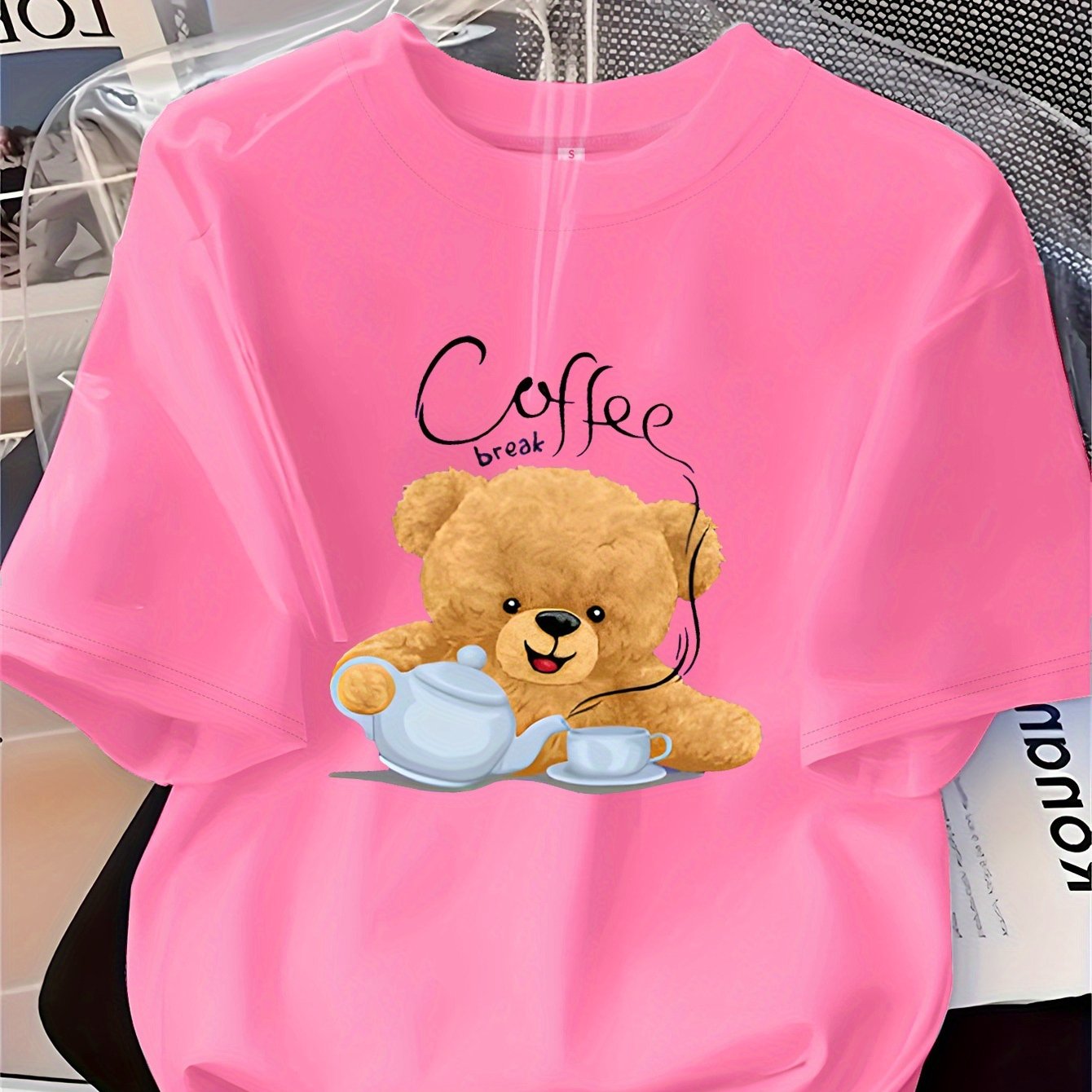 TEMU Women' Bear T-shirt - Cute Teddy Bear & Coffee With Coffee Beans & 'coffee' Lettering, Soft Breathable Round Neck Short Sleeve Top For Casual