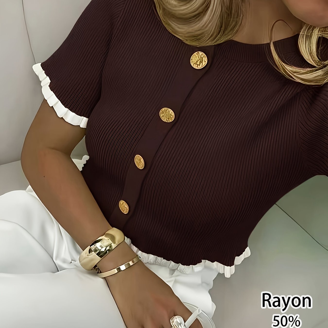 Image of Trendy Women's Summer Button-up Top With Lace Detailing, Elegant Casual Short-sleeve Sweater, Perfect For Dates And Daily Wear