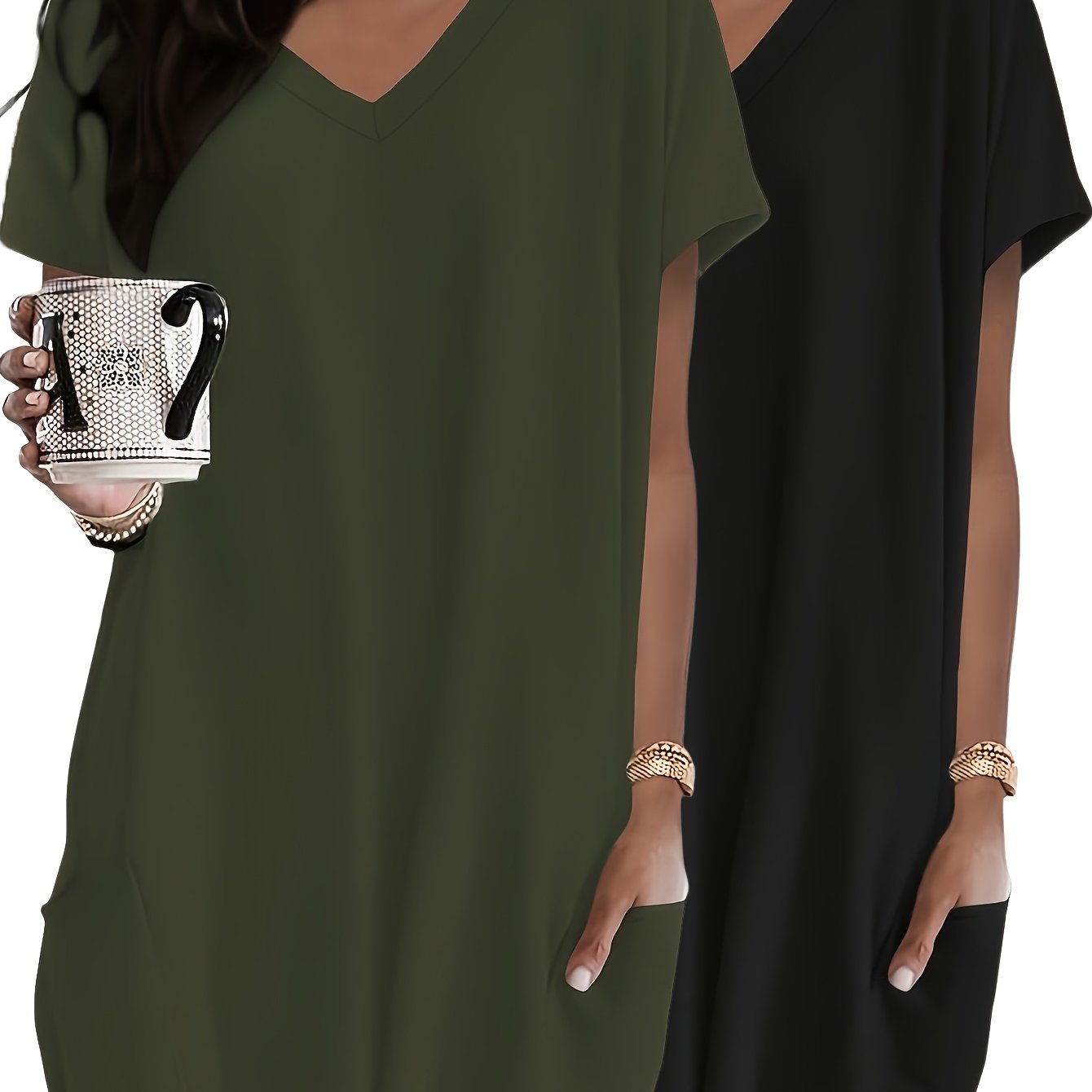 E-shop Damenmode Top und lässiges, locker geschnittenes Shirt 2-teiliges Set mit , elegantes, bequemes Kurzarm V-Ausschnitt Langarm T-Shirt
