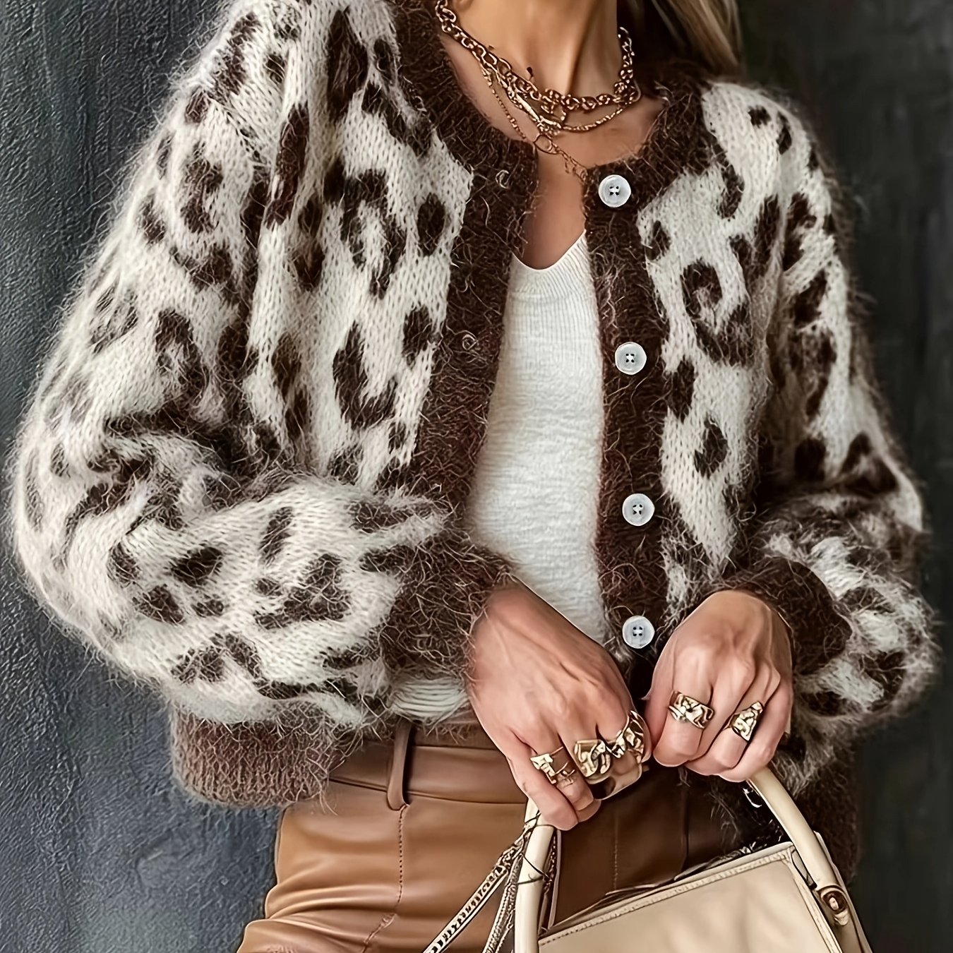 TEMU Women's Leopard Print Sweater, Round Neck Long Sleeve Open Cardigan, Leopard Jacquard Design Spring All-match Item, Fashionable Streetwear,